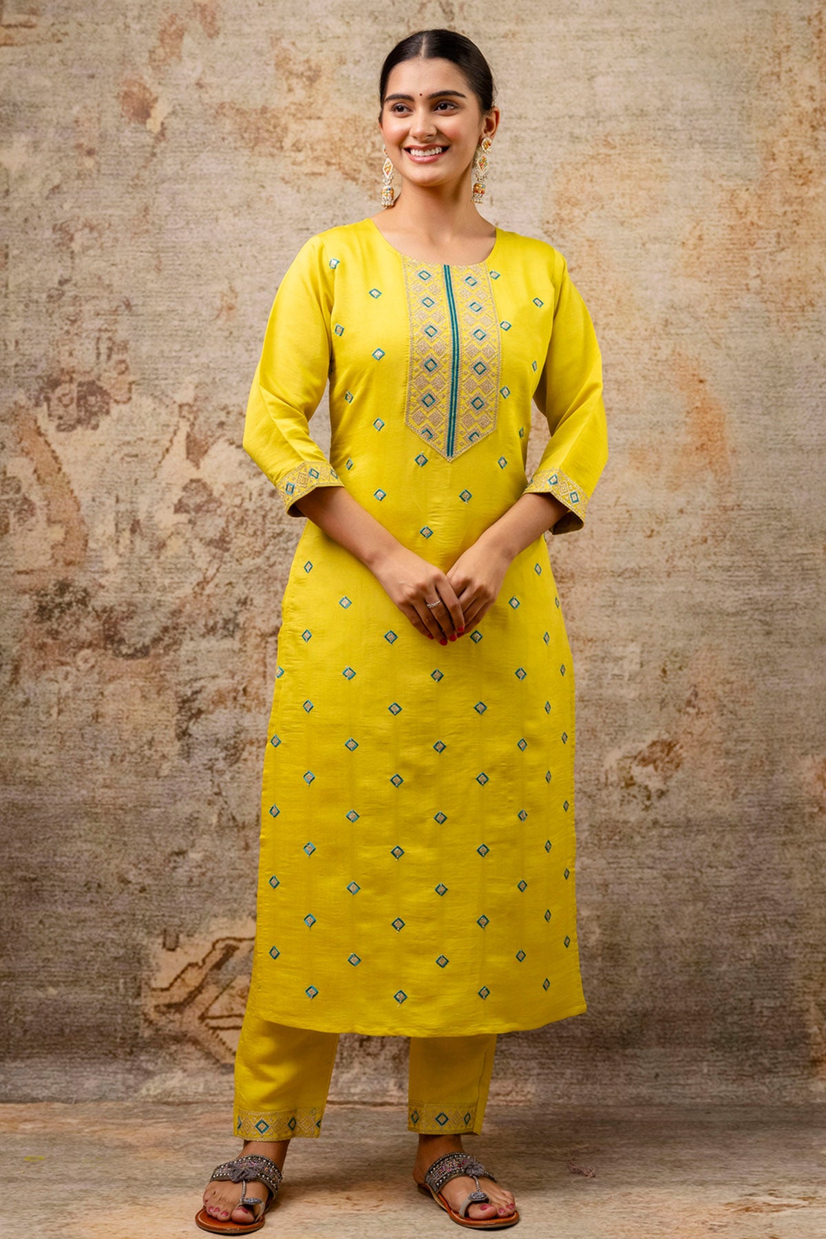 Lemon Silk Buta Work Kurta Set