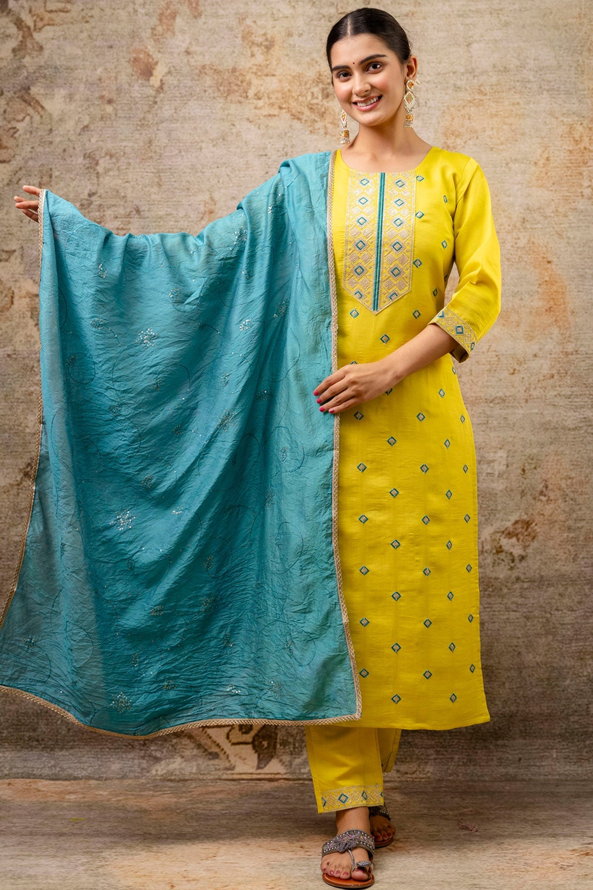 Buy Lemon Silk Buta Work Kurta Set for women by Aastha Fashion online available at scrollnshops
