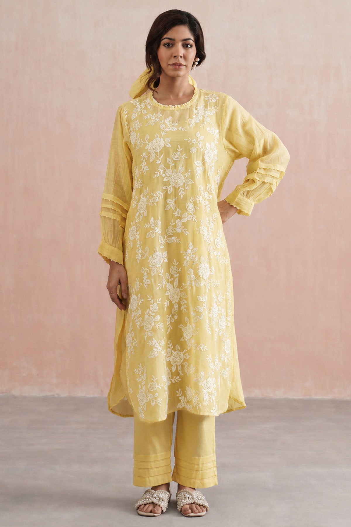Buy Lemon Yellow Chanderi Kurta Set for women by Ugna by Unnati online available at scrollnshops