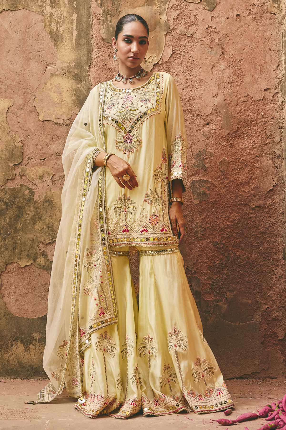 Buy Lemon Yellow Mirror Kurta Set for women by Ajiesh Oberoi online available at scrollnshops
