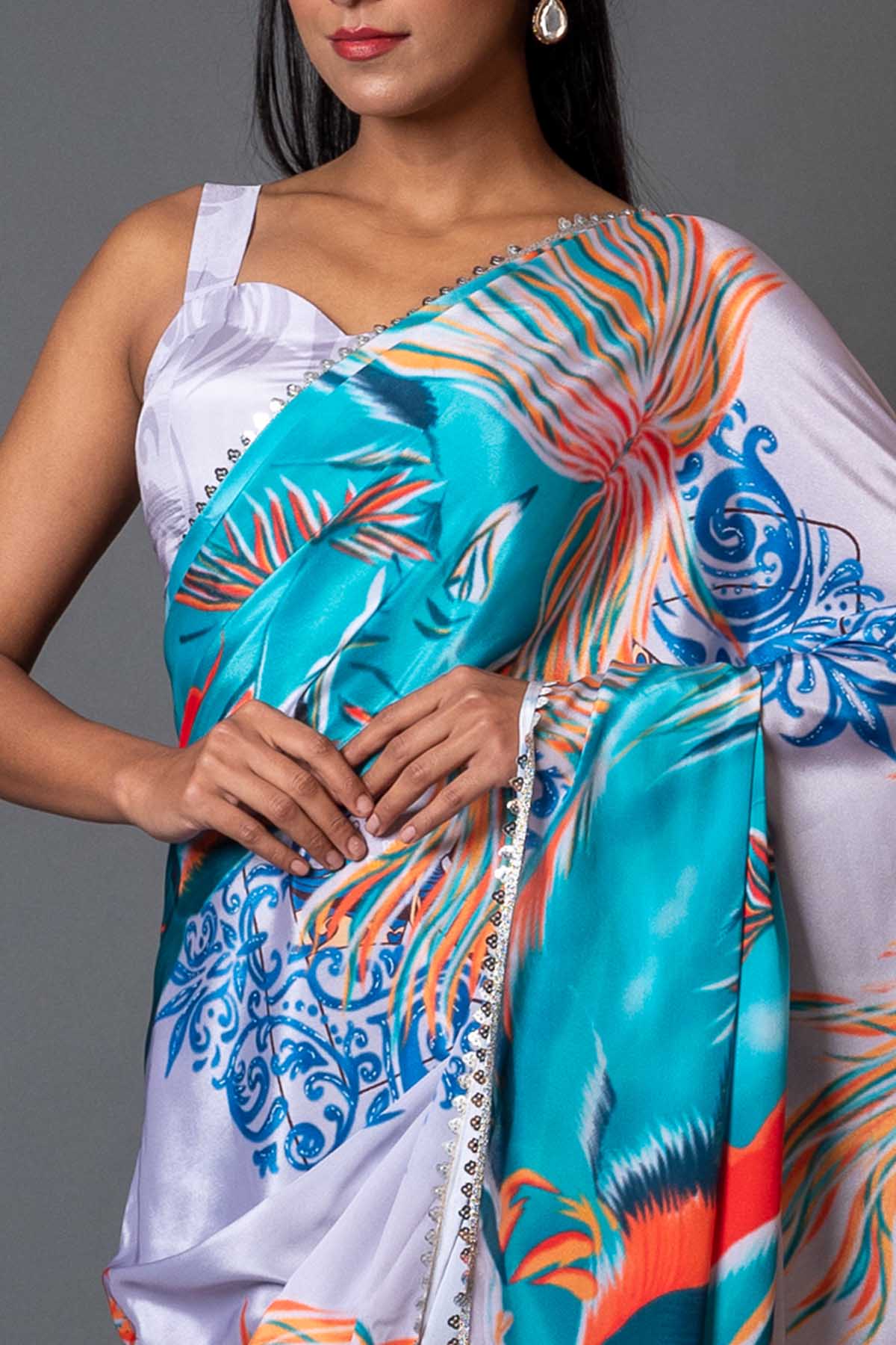 Light Grey Printed Crepe Saree