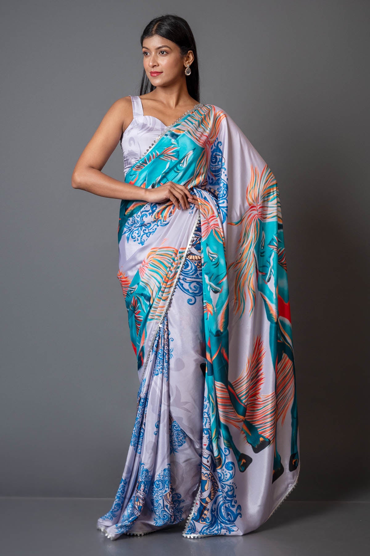 Light Grey Printed Crepe Saree