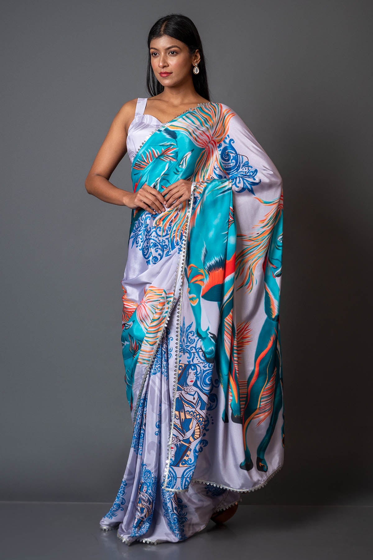 Light Grey Printed Crepe Saree