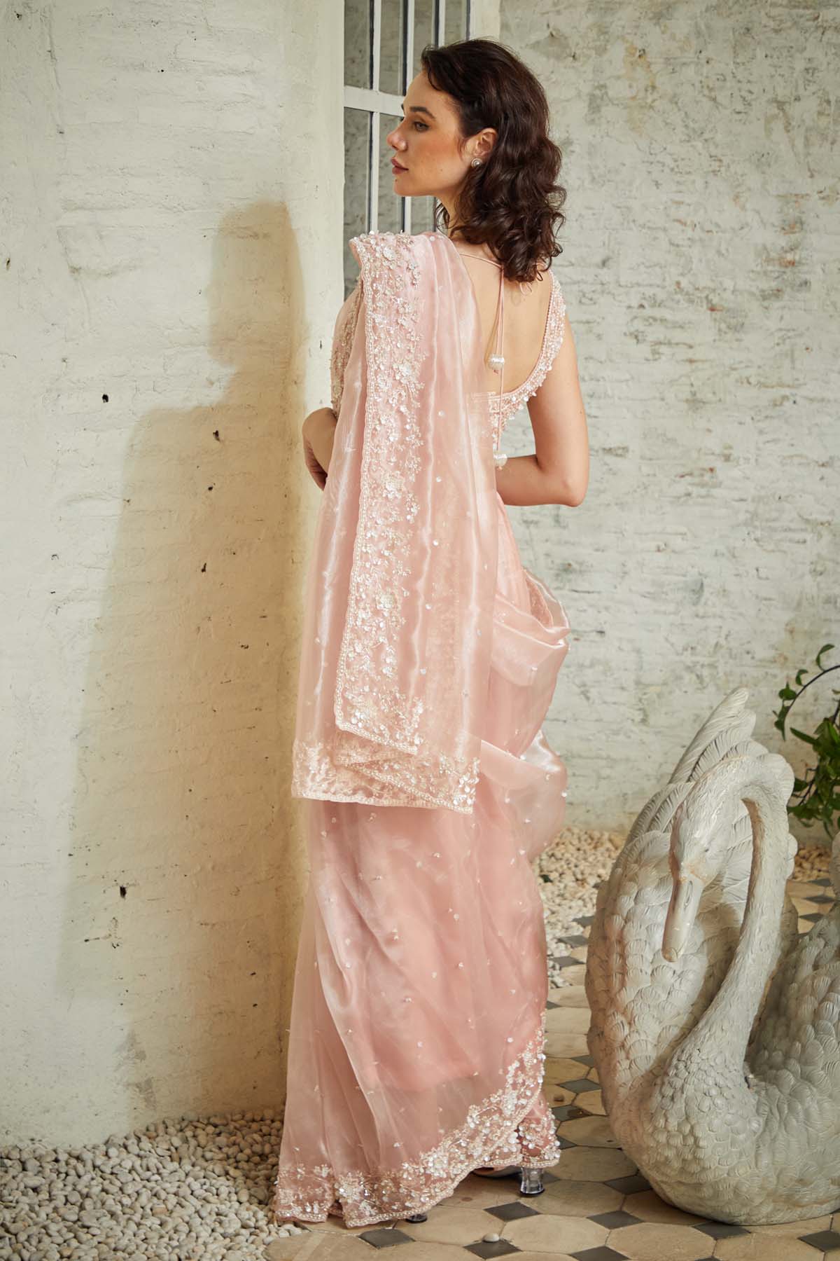 Light Pink Embroidered Saree Set