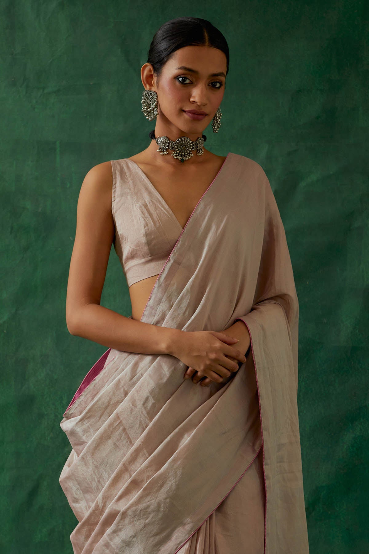 Light Pink Silver Zari Silk Saree Set