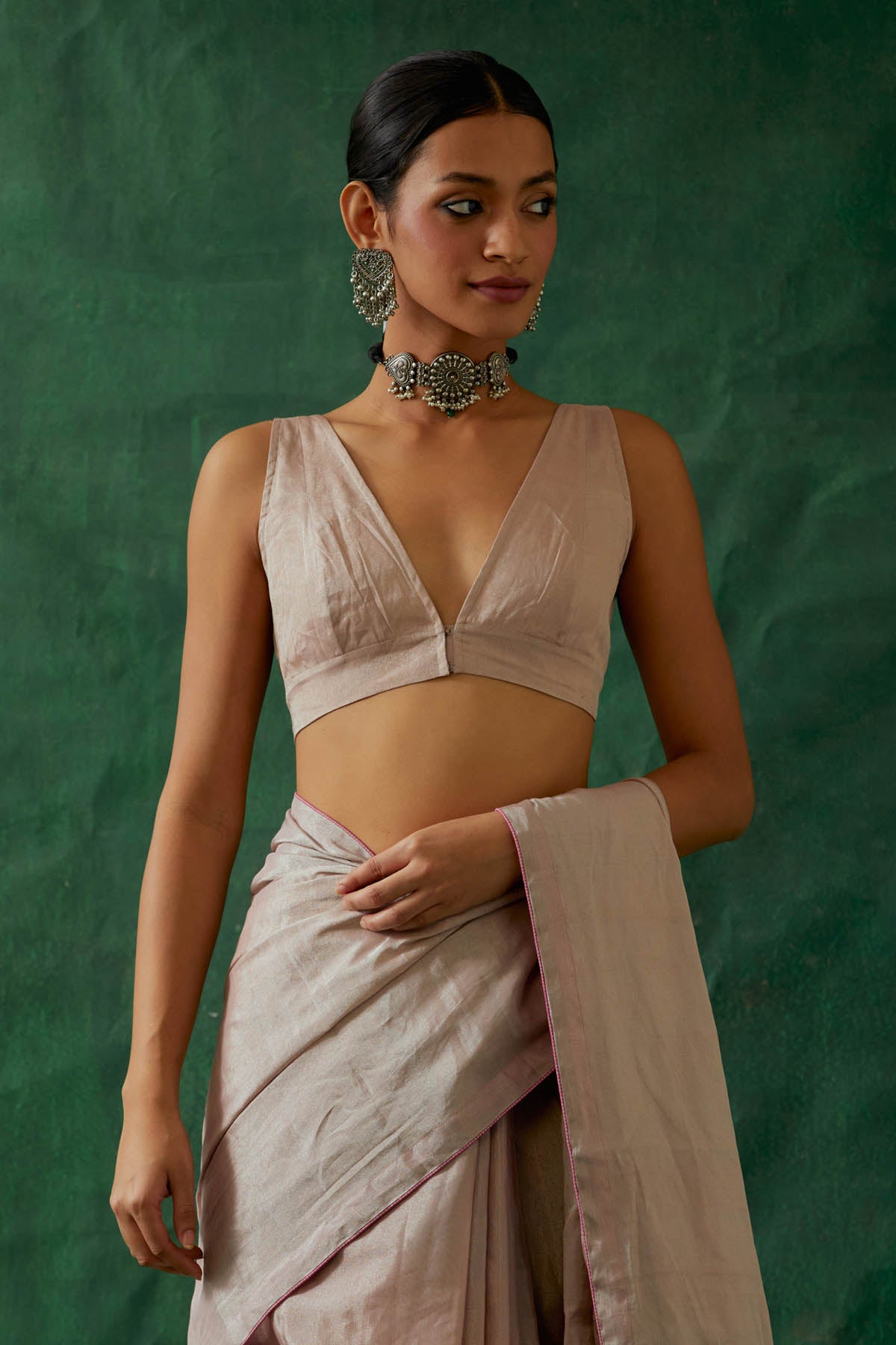 Light Pink Silver Zari Silk Saree Set