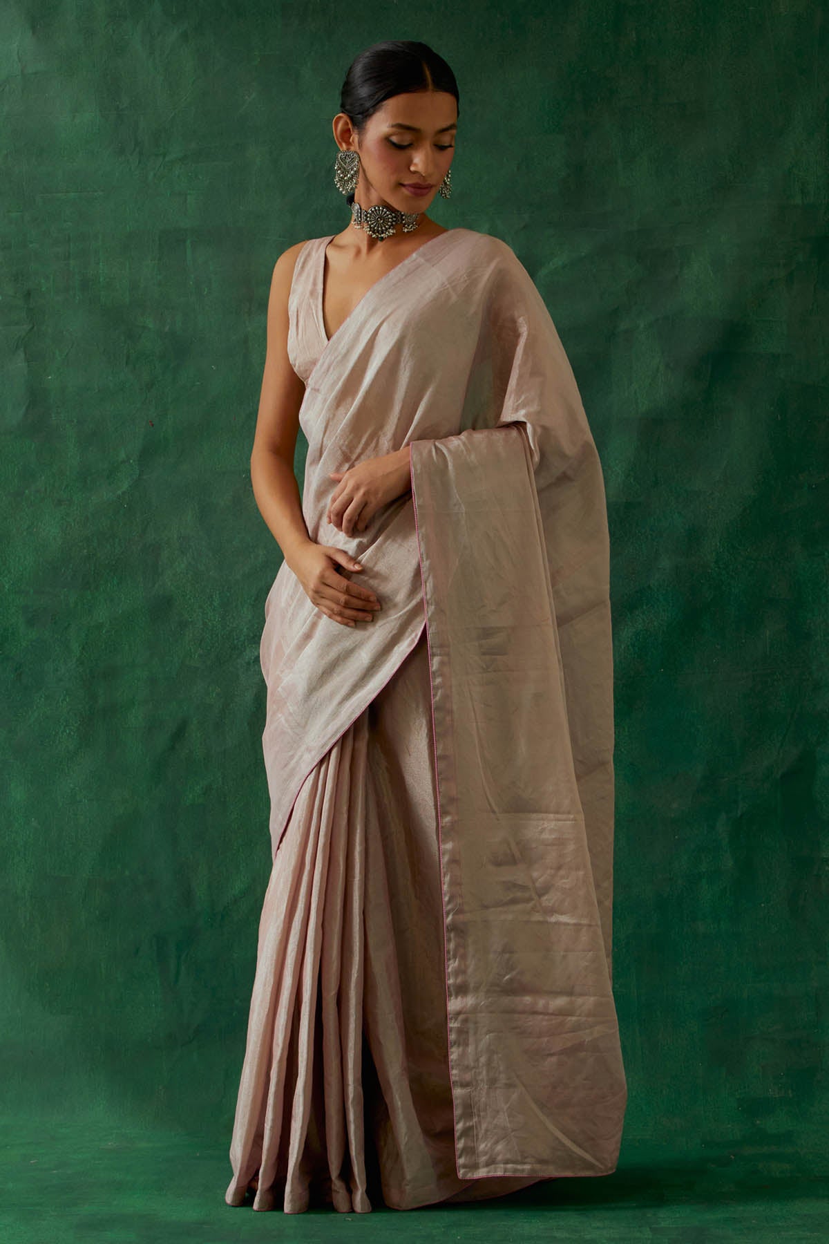 Light Pink Silver Zari Silk Saree Set