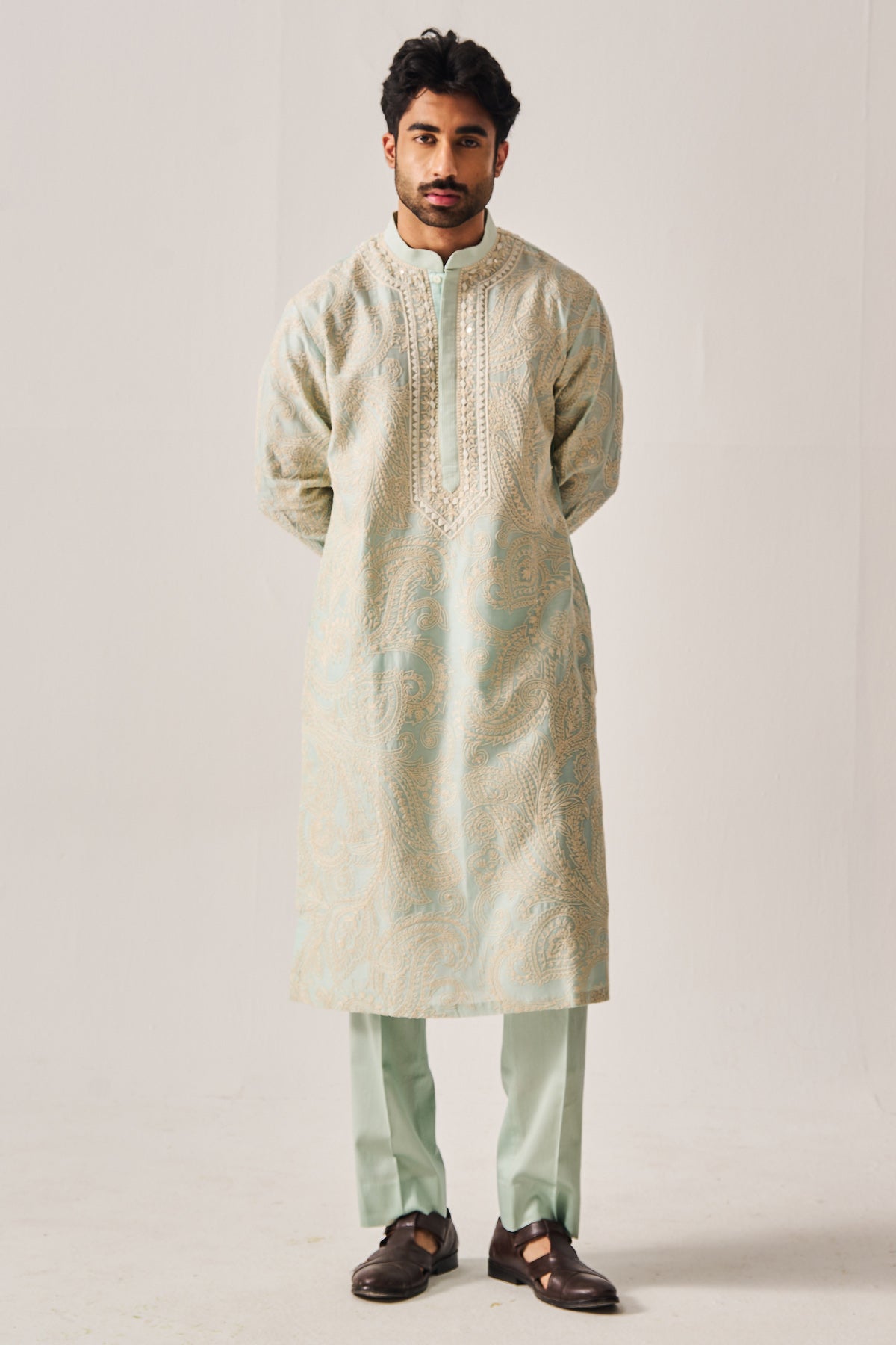 Buy Light Aqua Sequins Kurta Set for Men by WABI SABI available online at ScrollnShops
