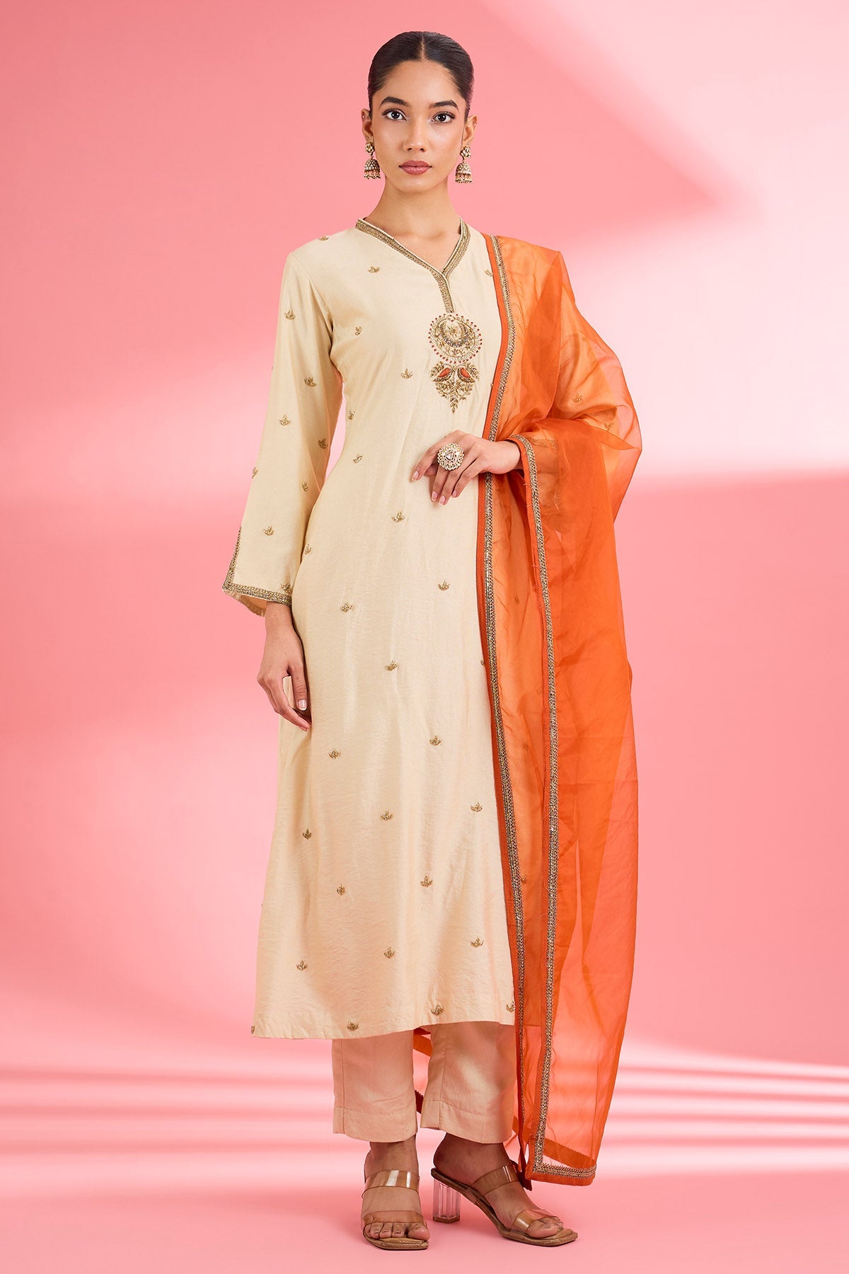 Buy Light Beige Cutdana Kurta Set for women by Milu Madan online available at scrollnshops