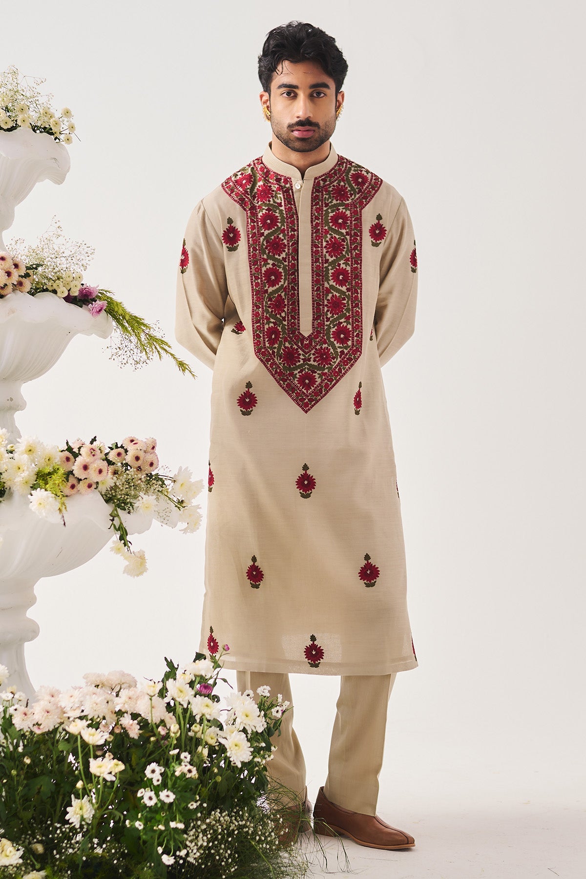 Buy Light Beige Handloom Kurta Set for Men by WABI SABI available online at ScrollnShops