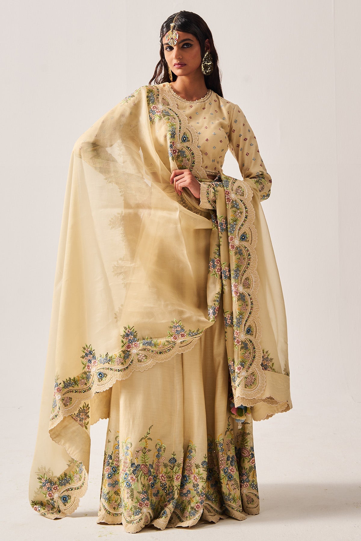 Buy Light Beige Silk Lehenga Set for Women by WABI SABI available online at ScrollnShops