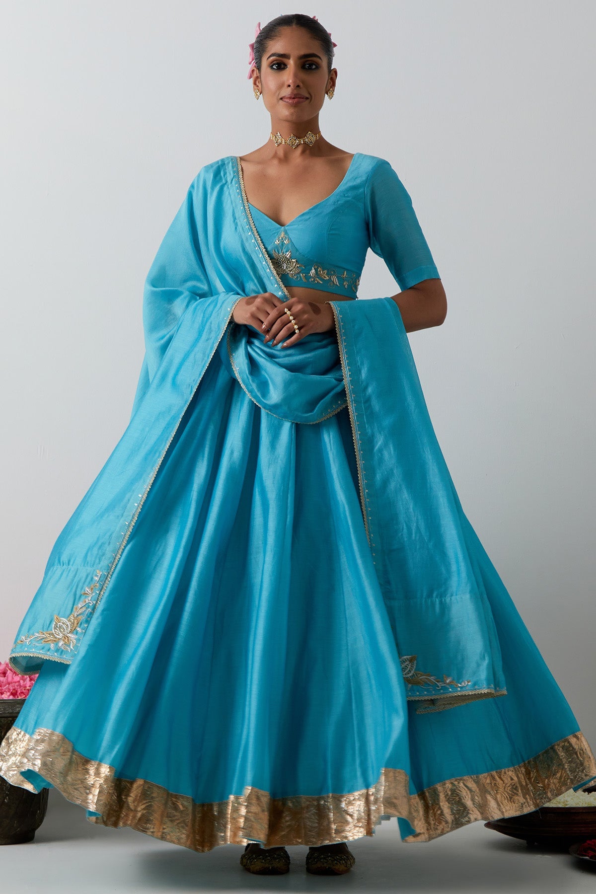 Buy Light Blue Chanderi Lehenga Set for women by Vinusto online available at scrollnshops