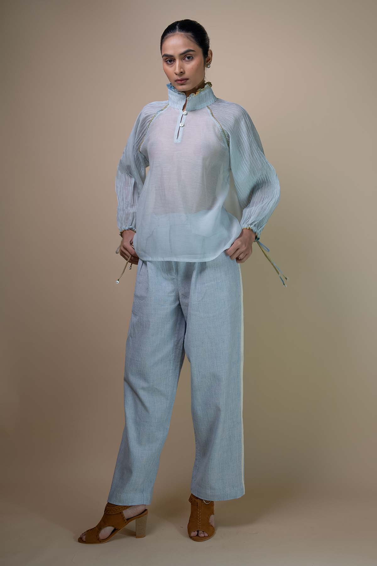 Light Blue Chanderi Pintuck Top