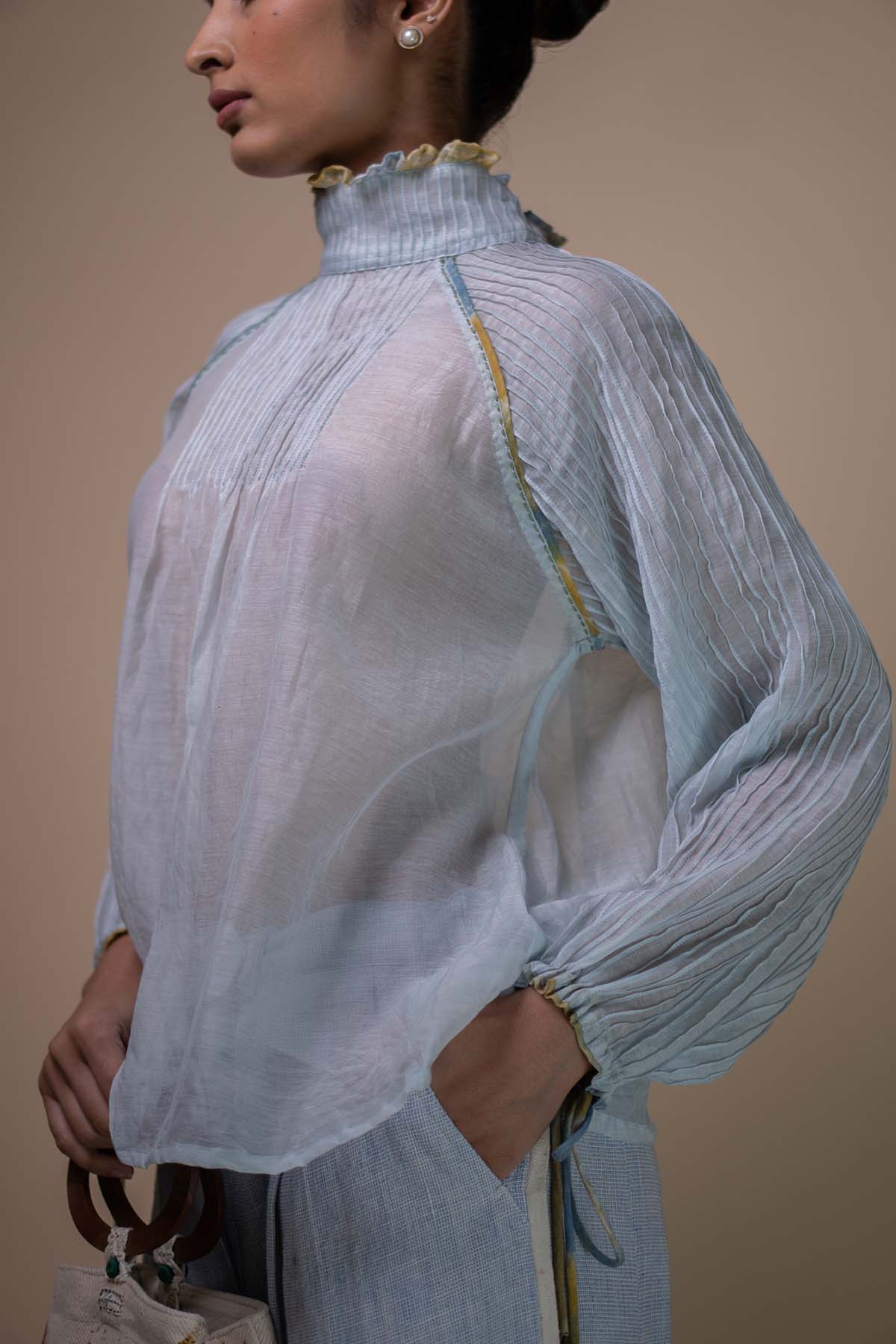 Buy Light Blue Chanderi Pintuck Top by Lafaani for women online at ScrollnShops