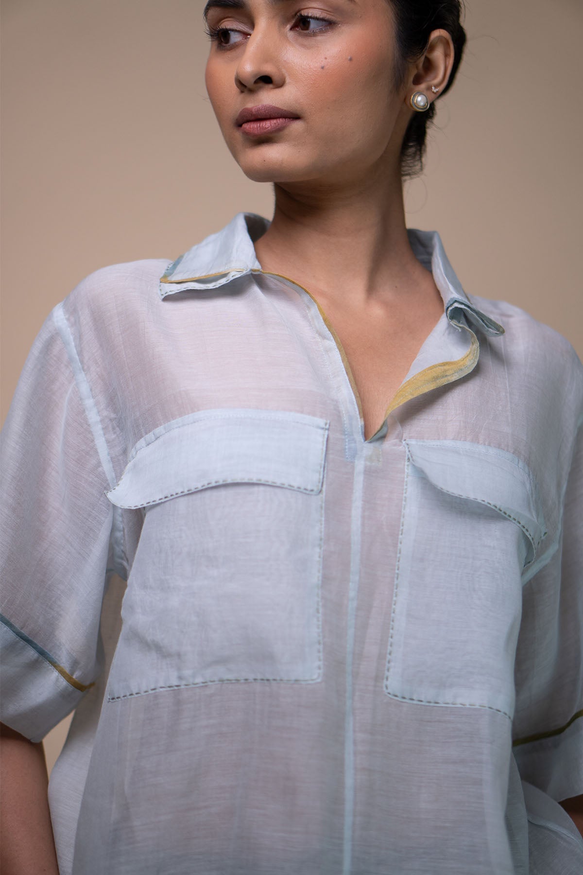 Buy Light Blue Chanderi Pocket Shirt by Lafaani for women online at ScrollnShops