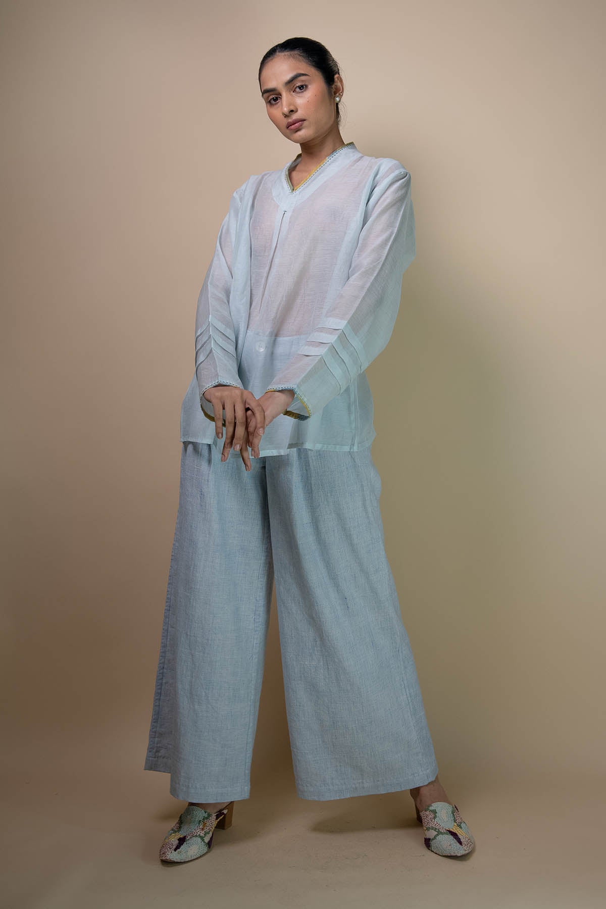 Light Blue Cotton Flared Pants