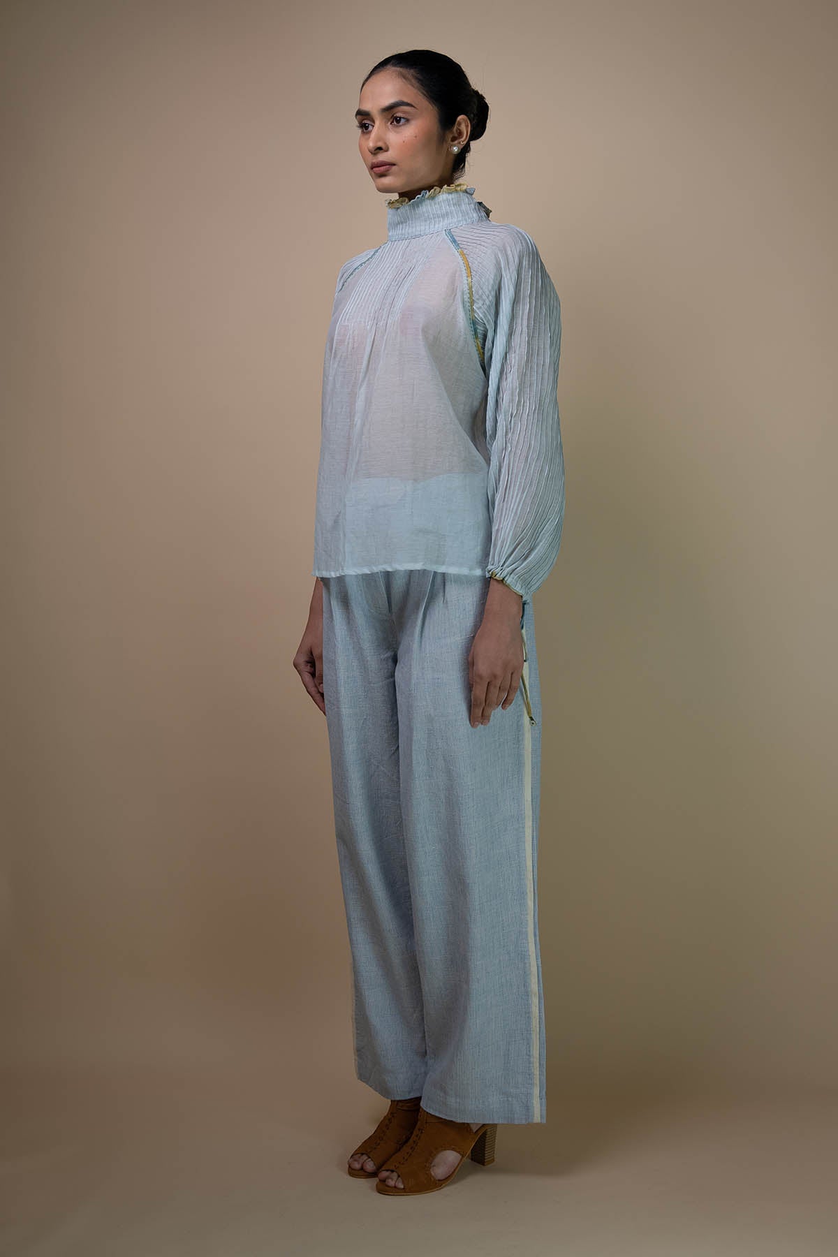 Light Blue Cotton Pleated Pants