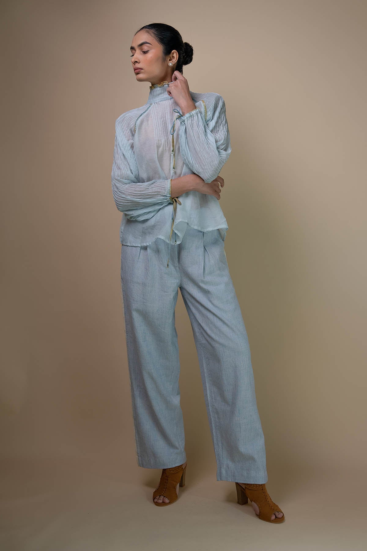 Buy Light Blue Cotton Pleated Pants by Lafaani for women online at ScrollnShops