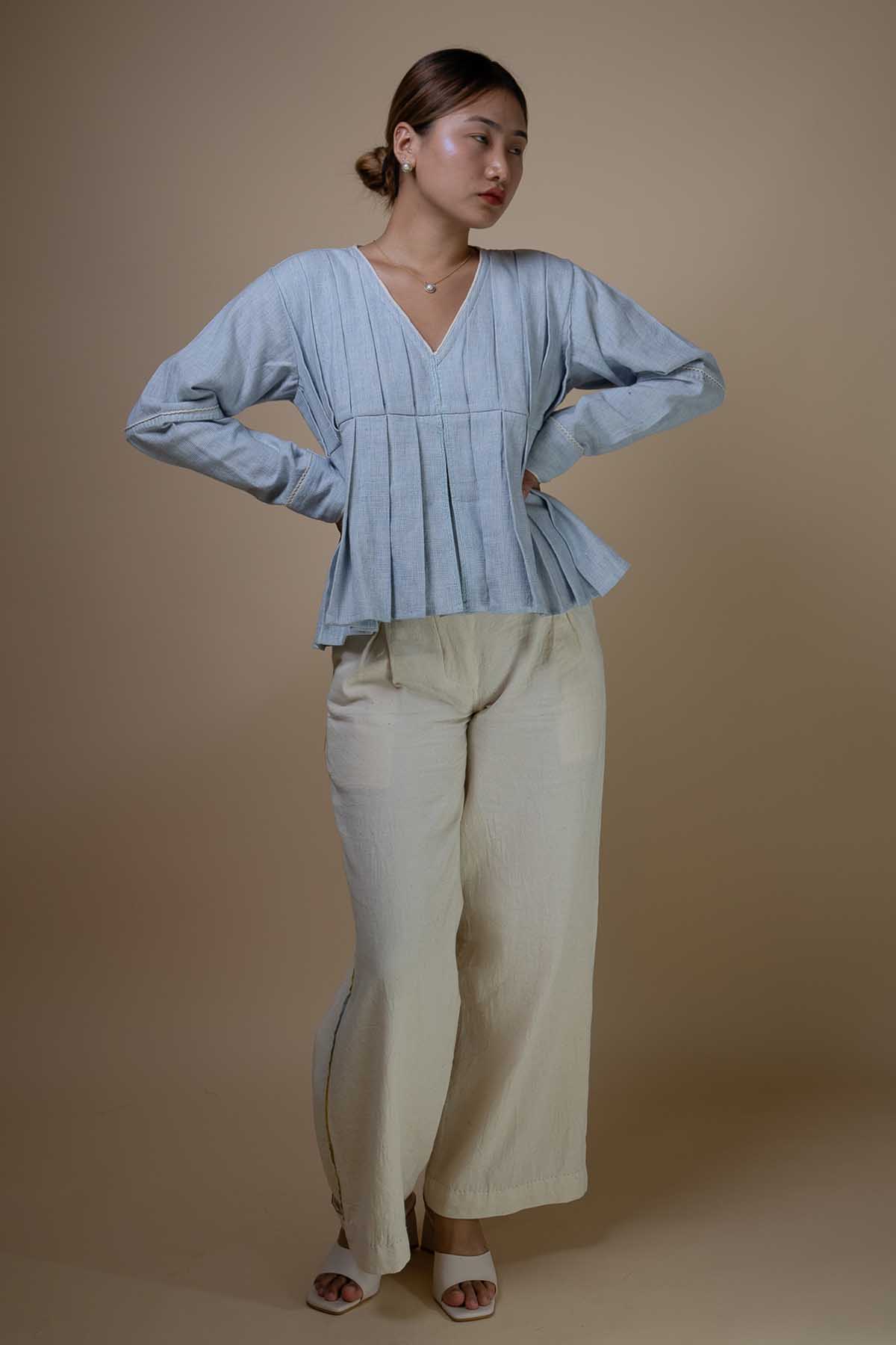 Buy Light Blue Cotton Pleated Top by Lafaani for women online at ScrollnShops