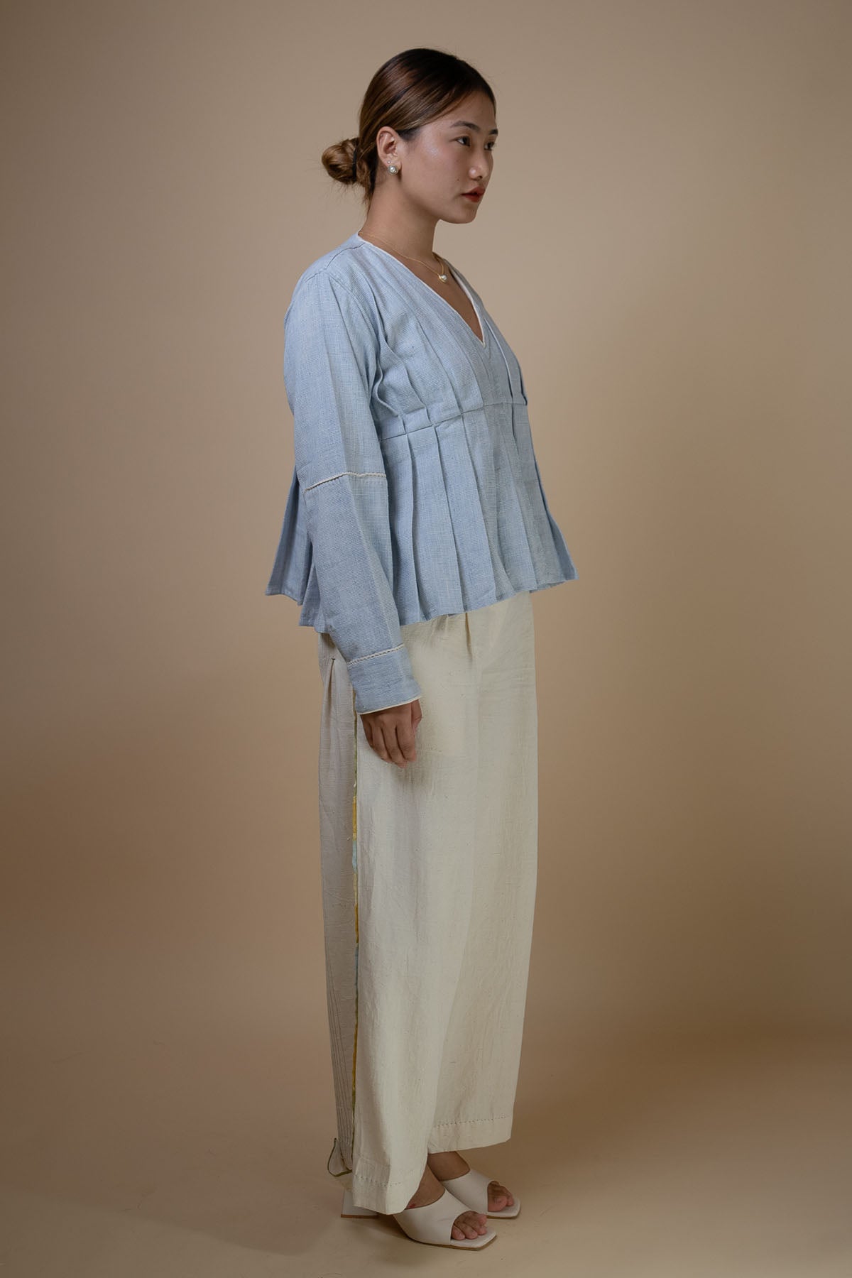 Light Blue Cotton Pleated Top