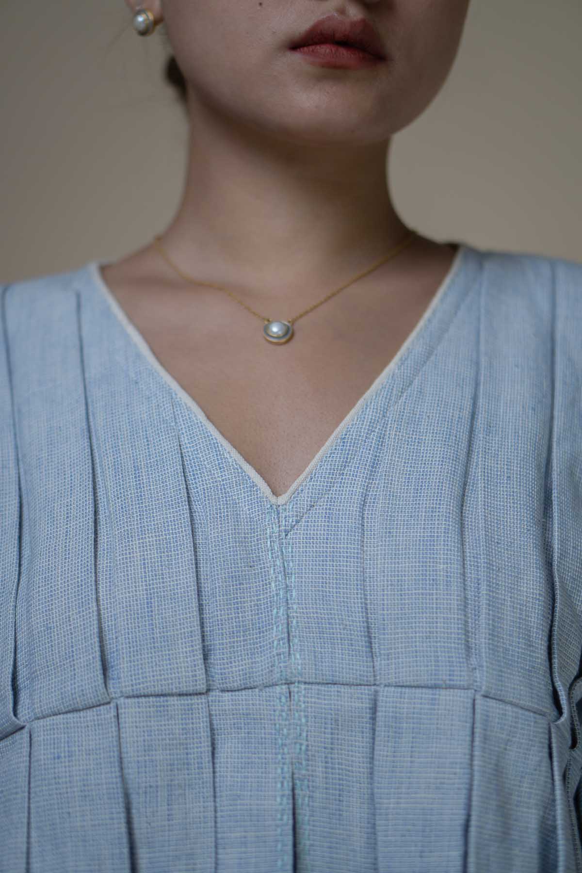 Light Blue Cotton Pleated Top