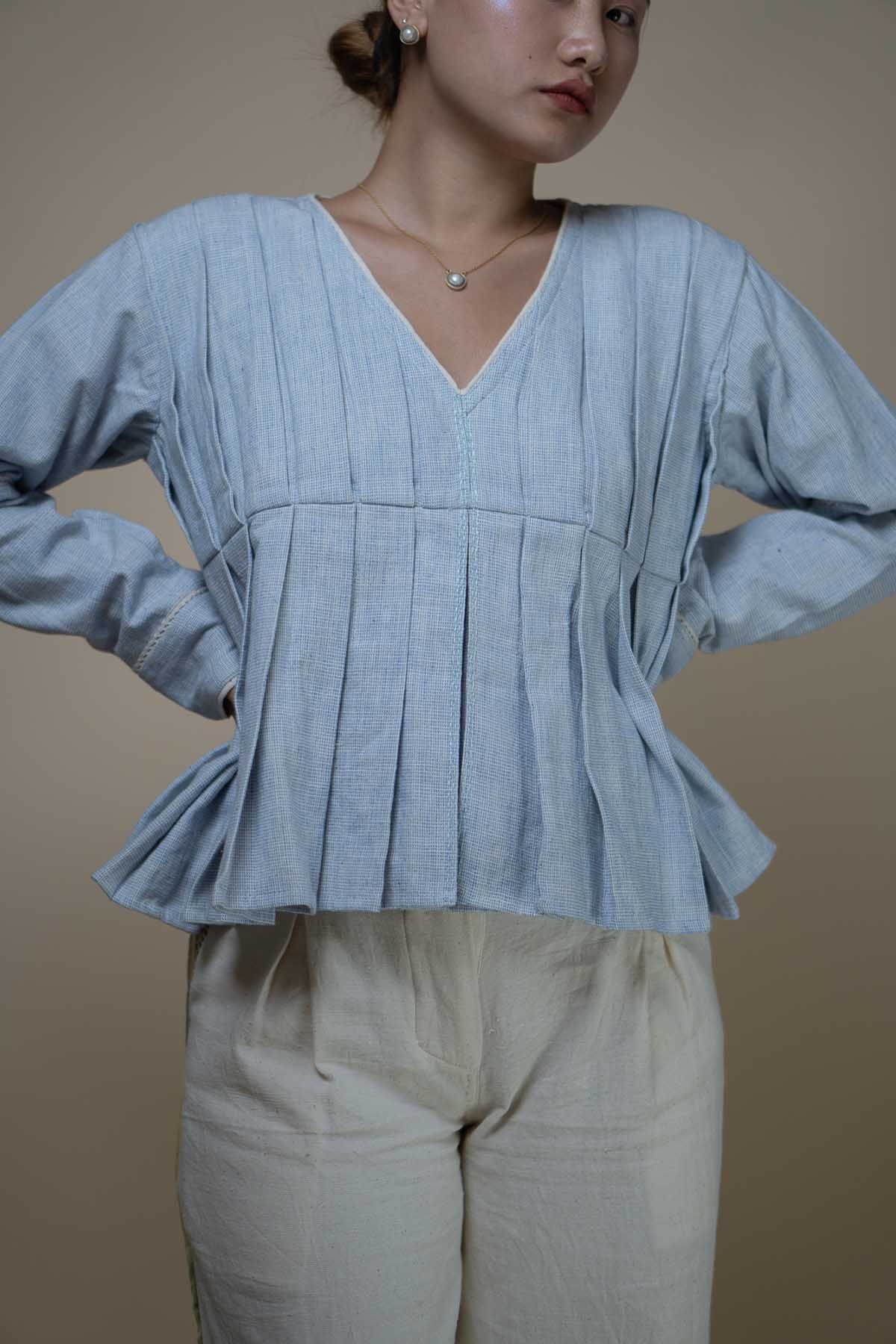 Light Blue Cotton Pleated Top