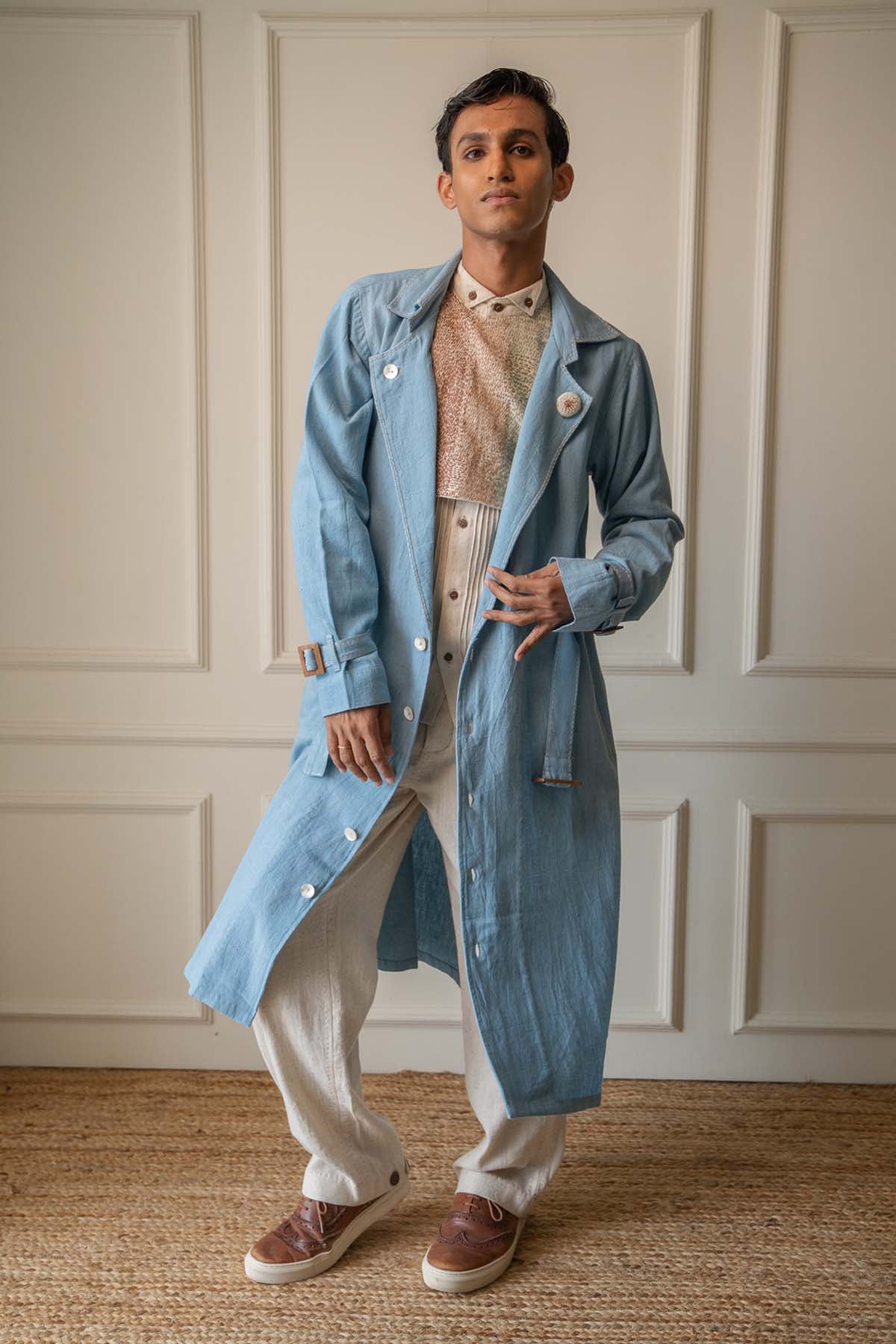 Buy Designer Light Blue Cotton Trench By Lafaani