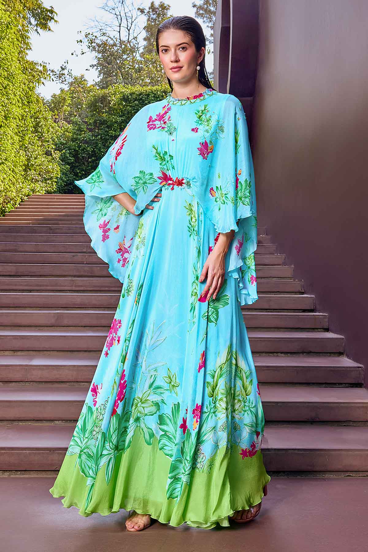 Buy Light Blue Floral Flared Dress by Mandira Wirk