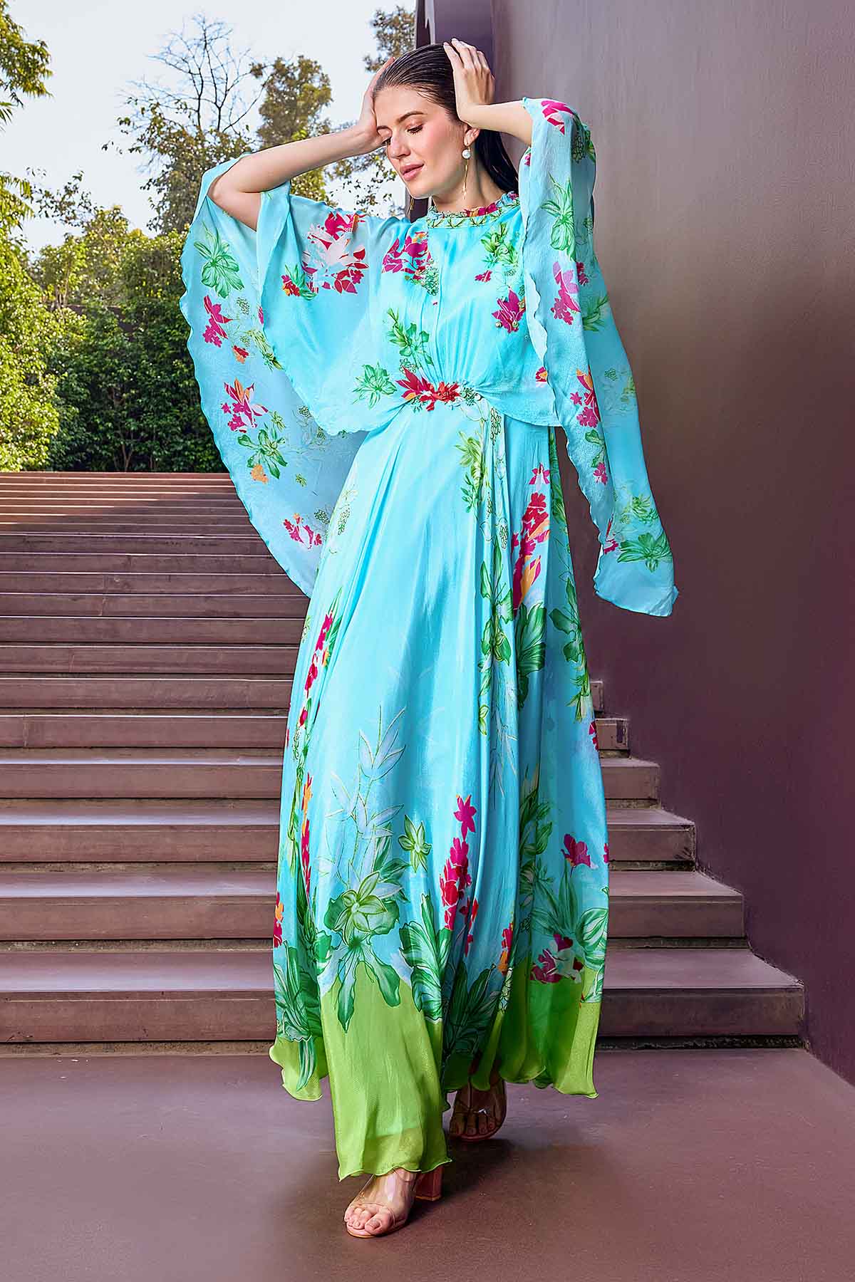 Light Blue Floral Flared Dress