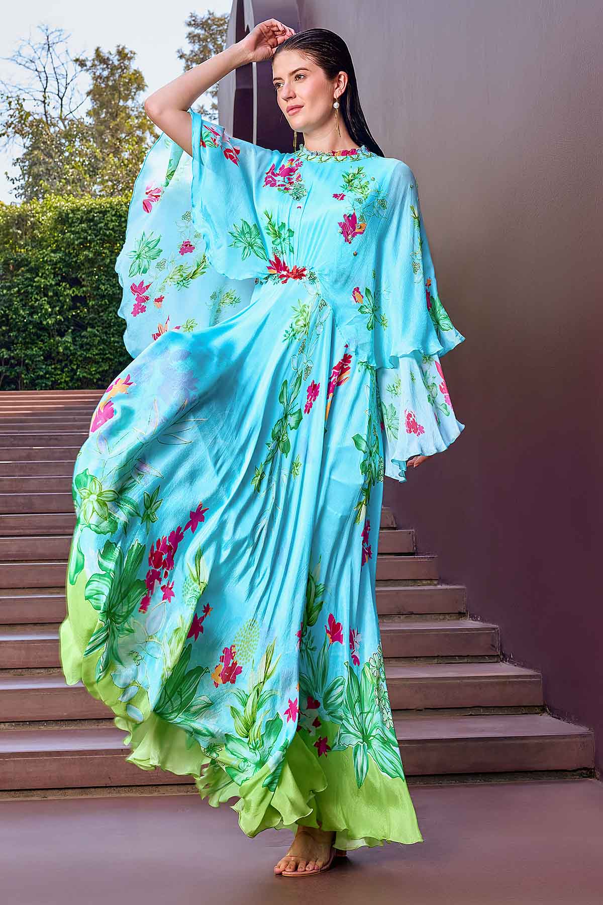 Light Blue Floral Flared Dress