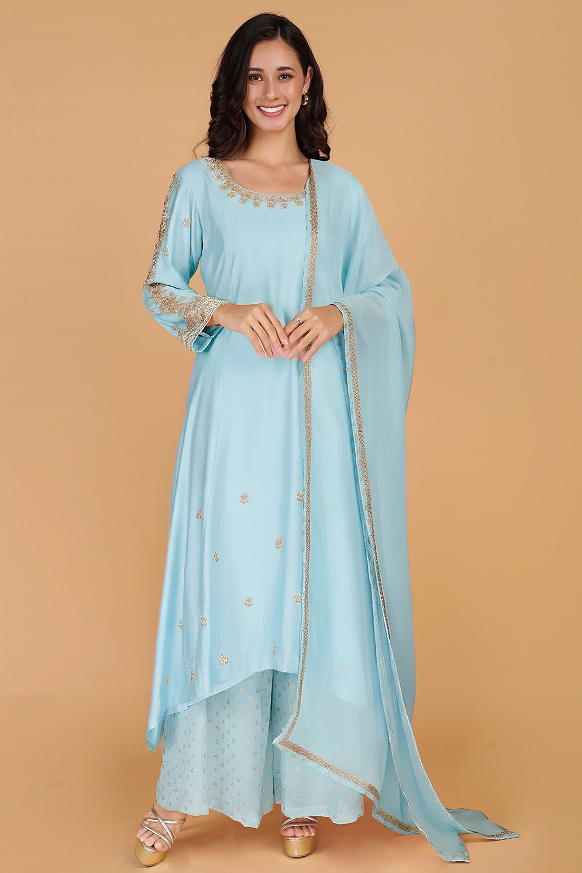 Buy Light Blue Katan Silk Kurta Set for women by Milu Madan online available at scrollnshops