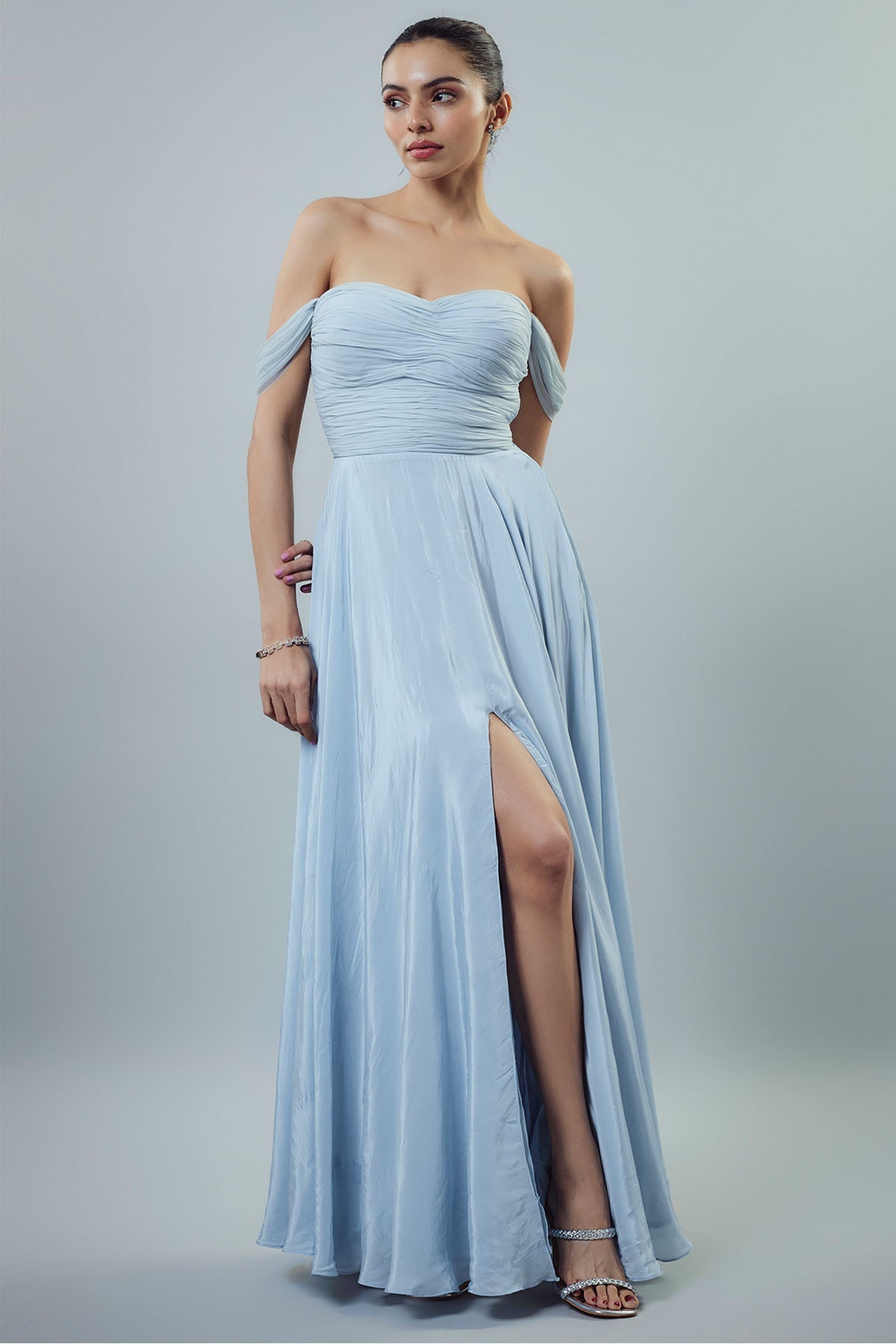 Buy Light Blue Off Shoulder Gown by Emblaze for women online at ScrollnShops