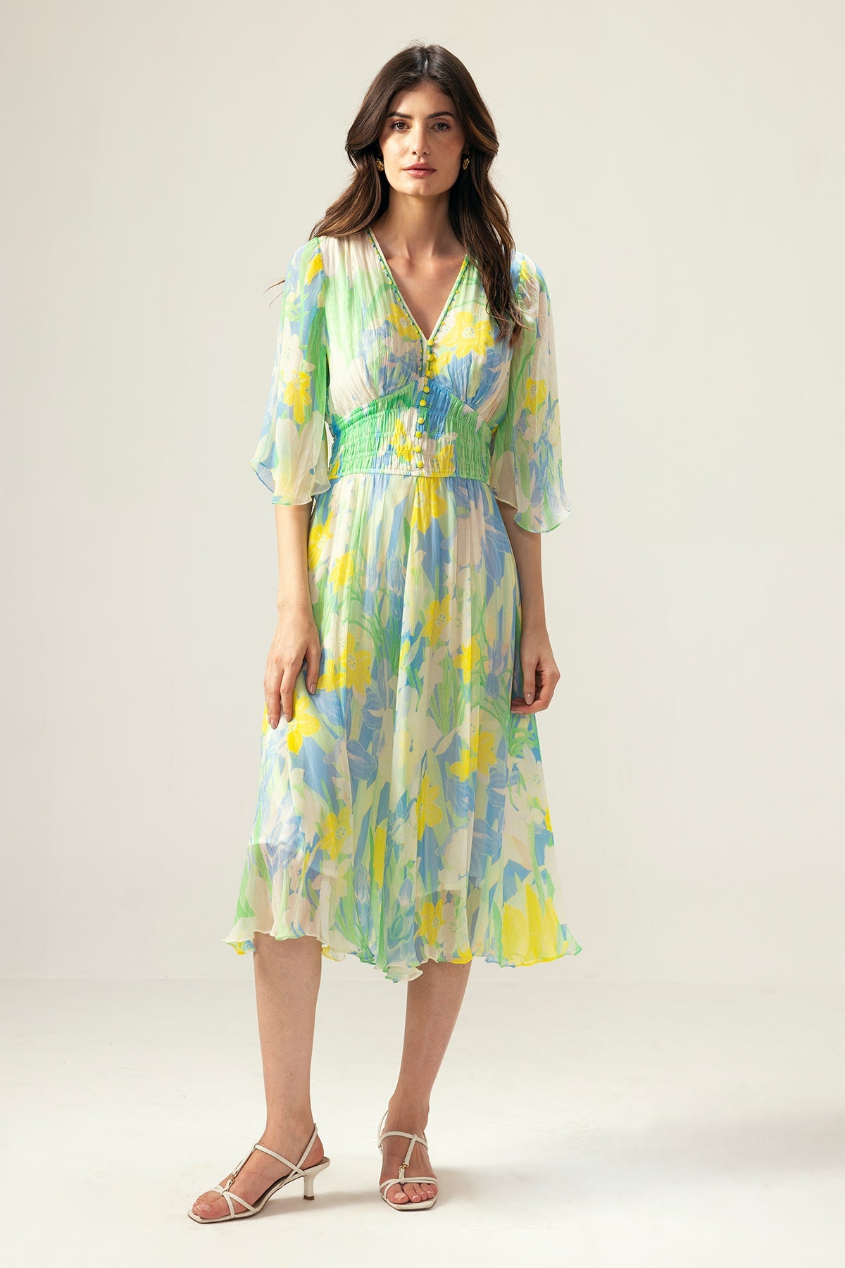 Buy Light Blue Printed V-Neck Dress by Reena Sharma for Women online at ScrollnShops