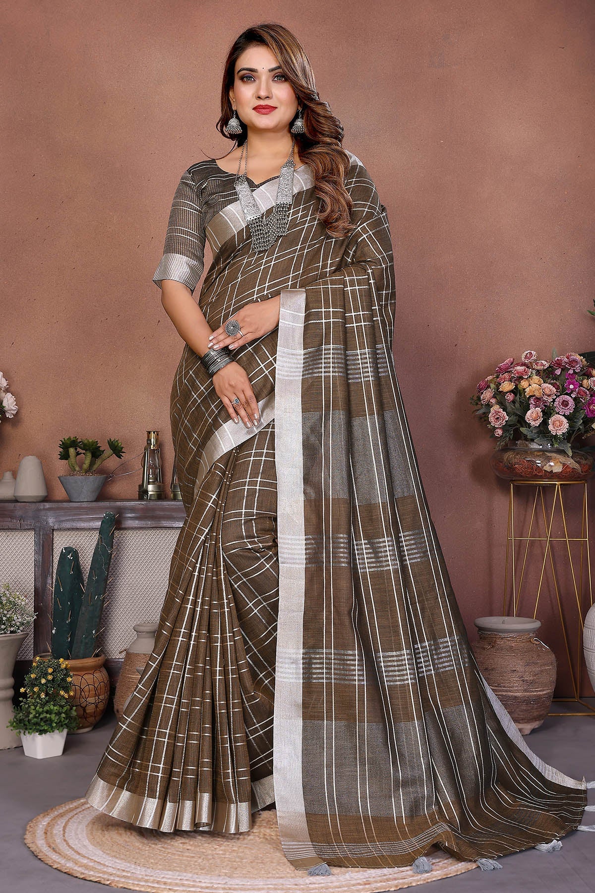 Buy Light Brown Linen Weaving Saree for women by Aastha Fashion online available at scrollnshops