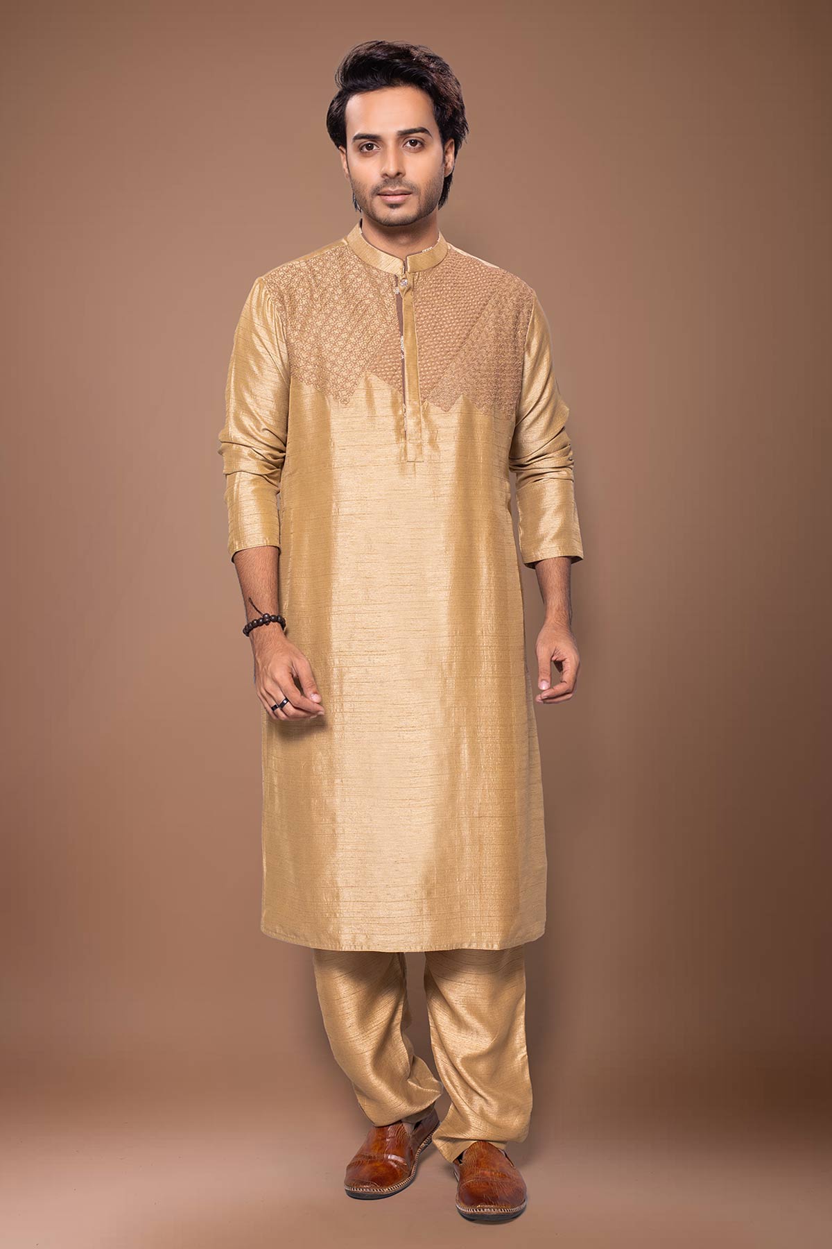 Buy Light Brown Silk Kurta & Pants for men by Priyanka Haralalka online available at scrollnshops