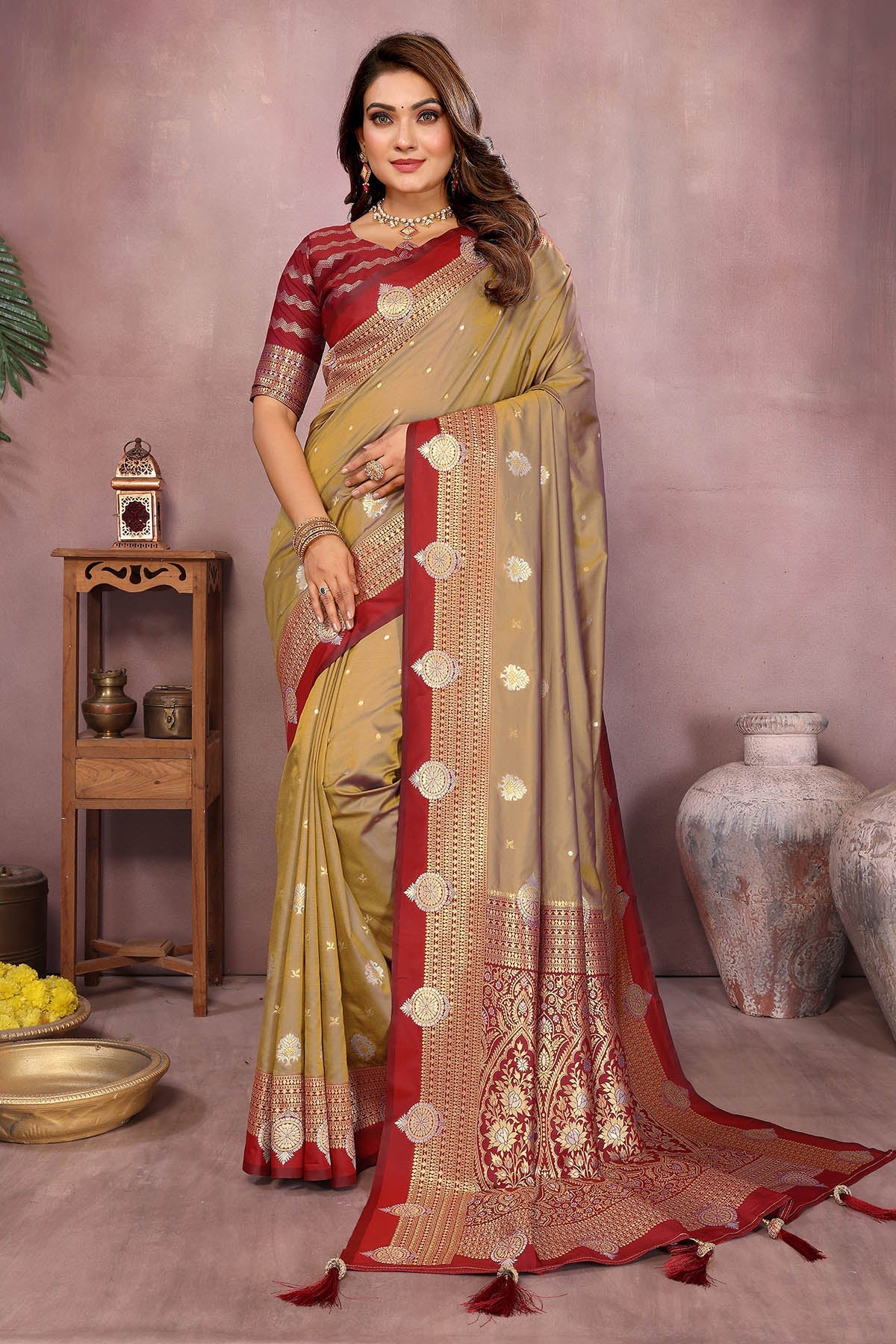 Buy Light Brown Silk Weaving Saree for women by Aastha Fashion online available at scrollnshops