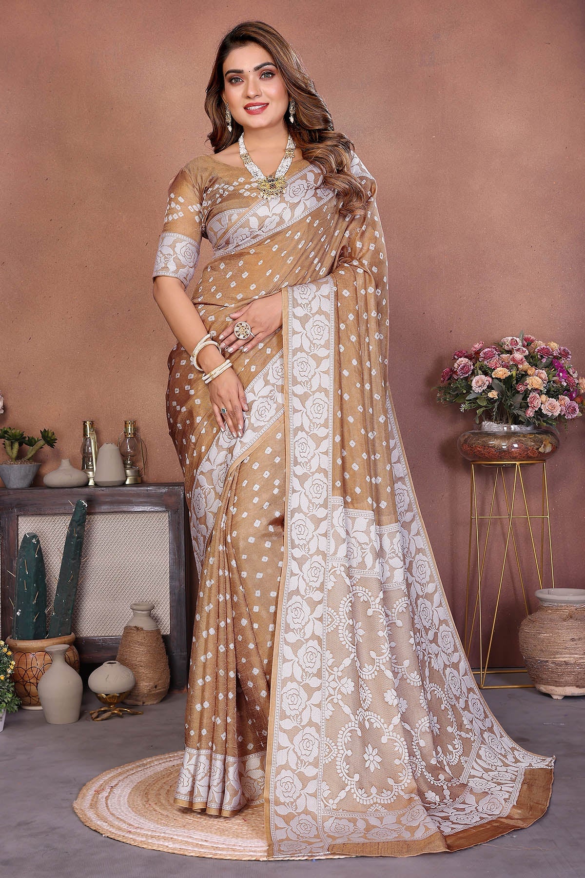 Buy Light Brown Viscose Silk Saree for women by Aastha Fashion online available at scrollnshops