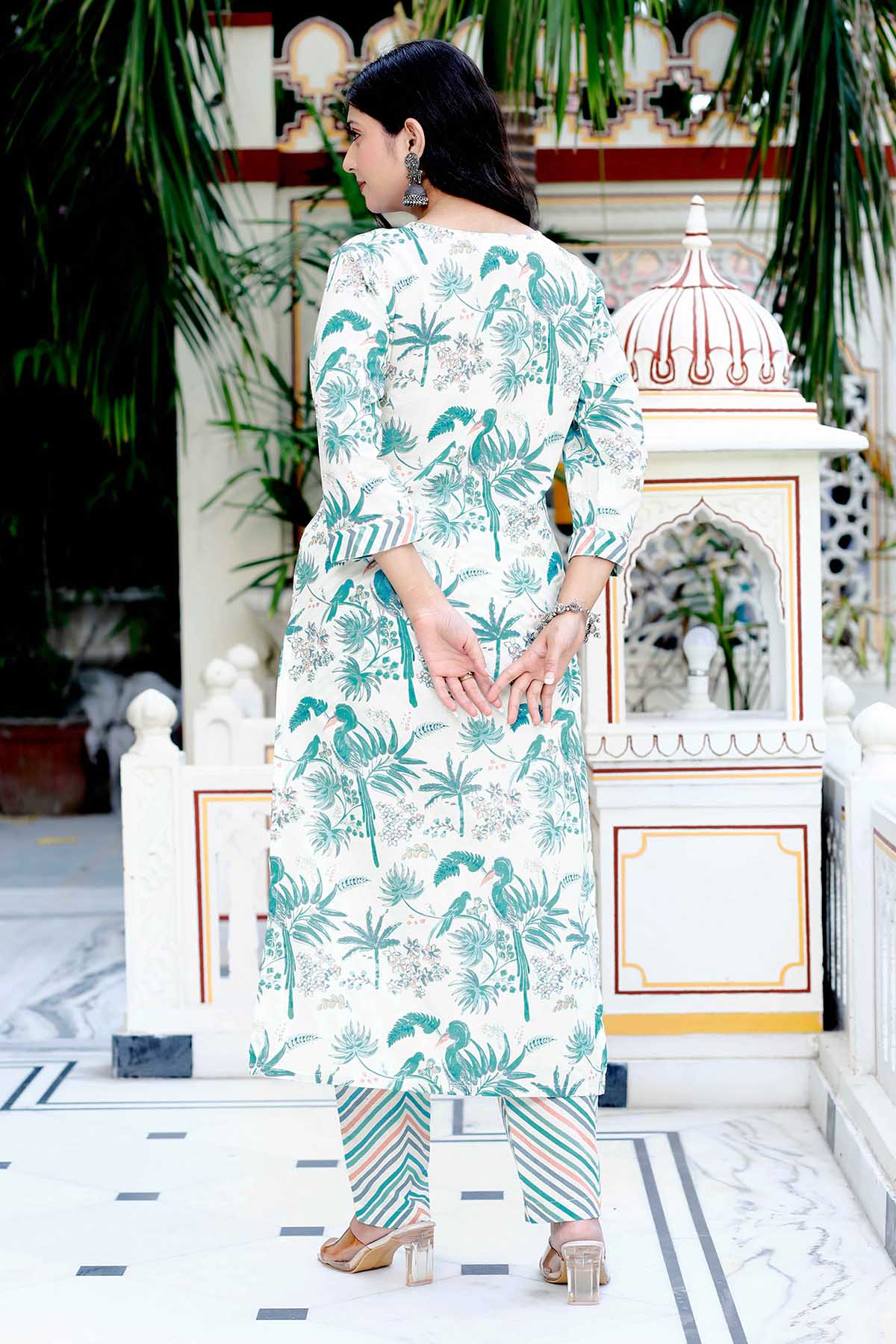 Buy Light Green Bird Print Kurta Set by Miravan for women online at ScrollnShops