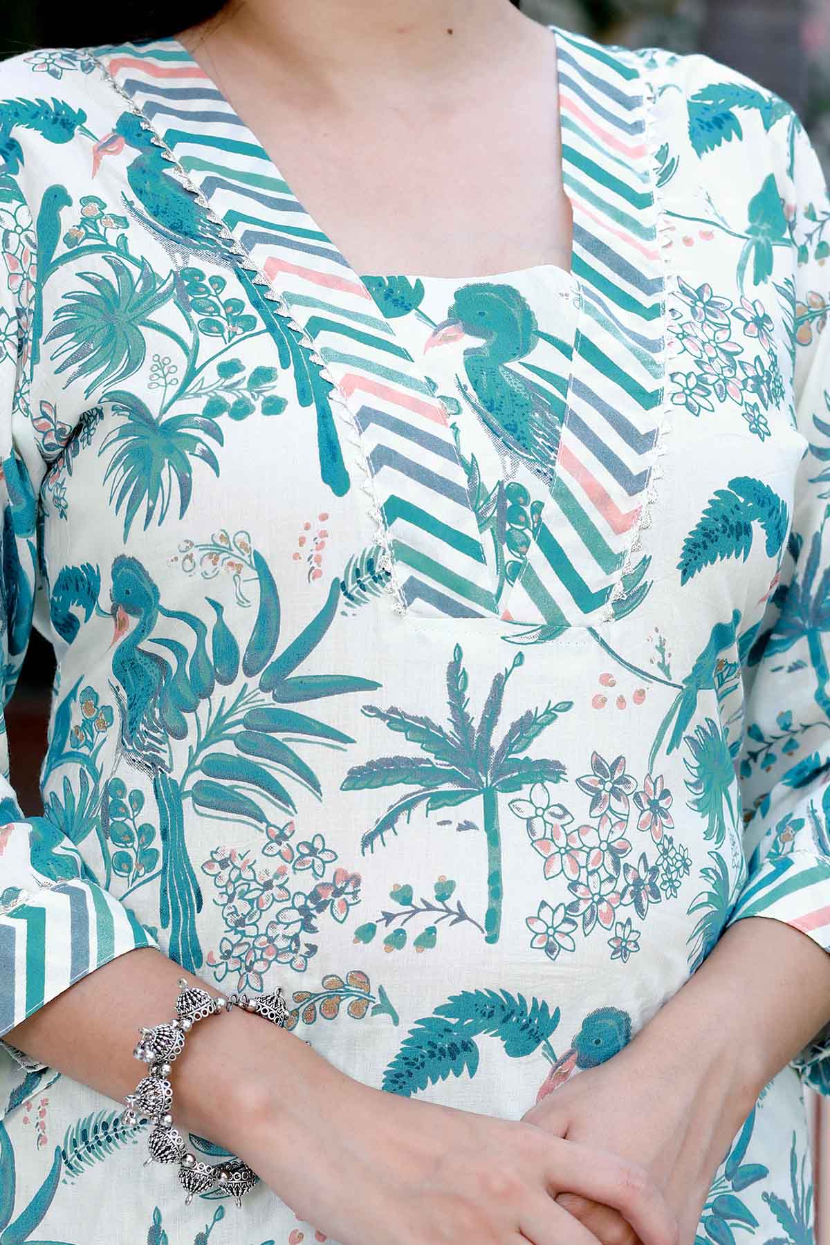 Light Green Bird Print Kurta Set