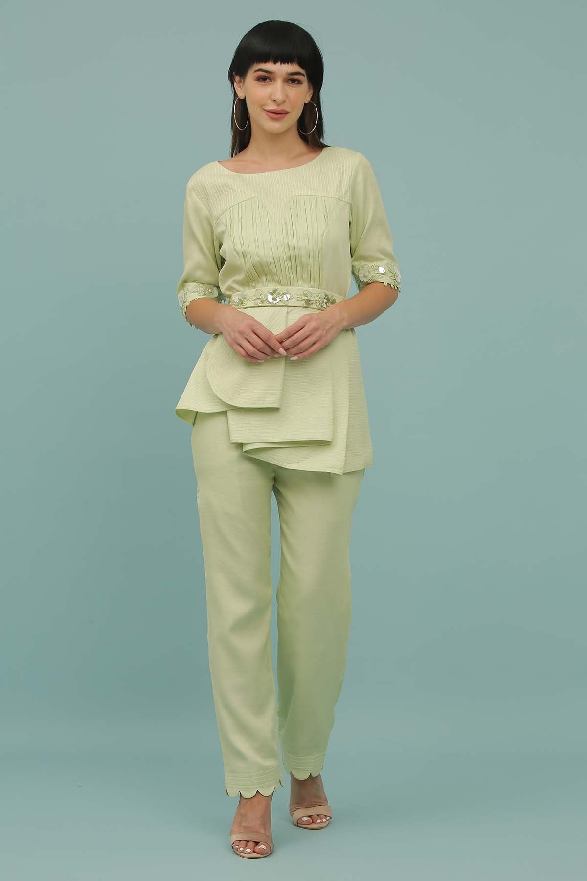 Buy Light Green Pleated Top & Pants by Sejal Kamdar for women online at ScrollnShops