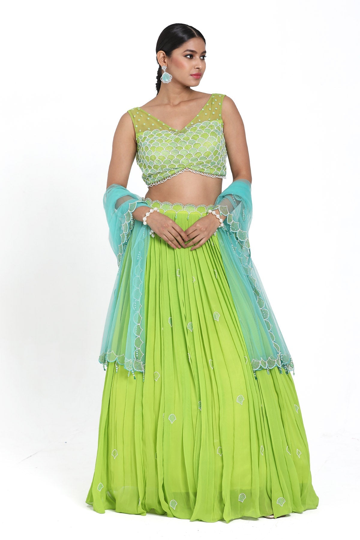 Buy Light Green Resham Lehenga Set by Nitisha Kashyapi for women online at ScrollnShops