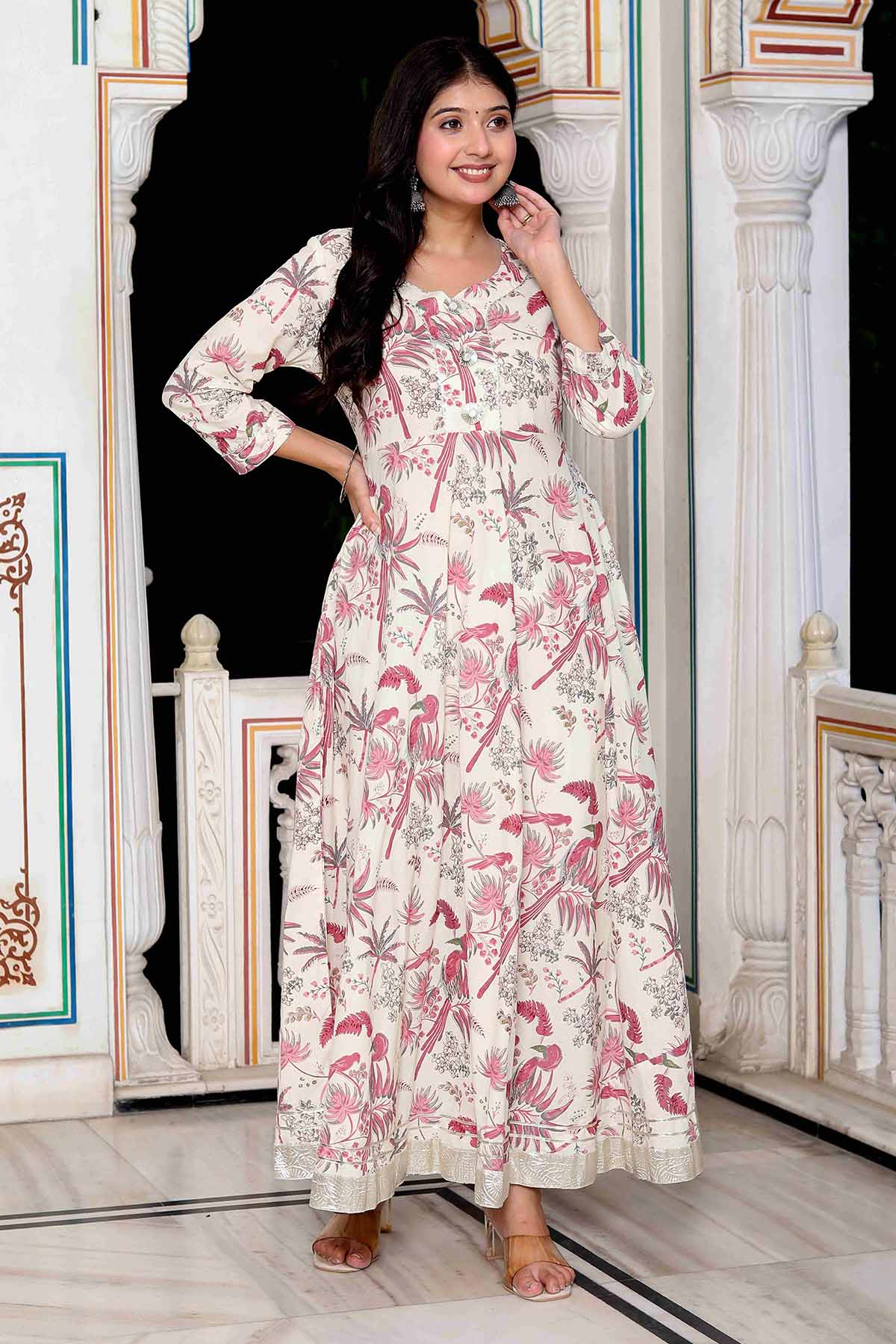 Buy Light Pink Cotton Flared Kurta by Miravan for women online at ScrollnShops