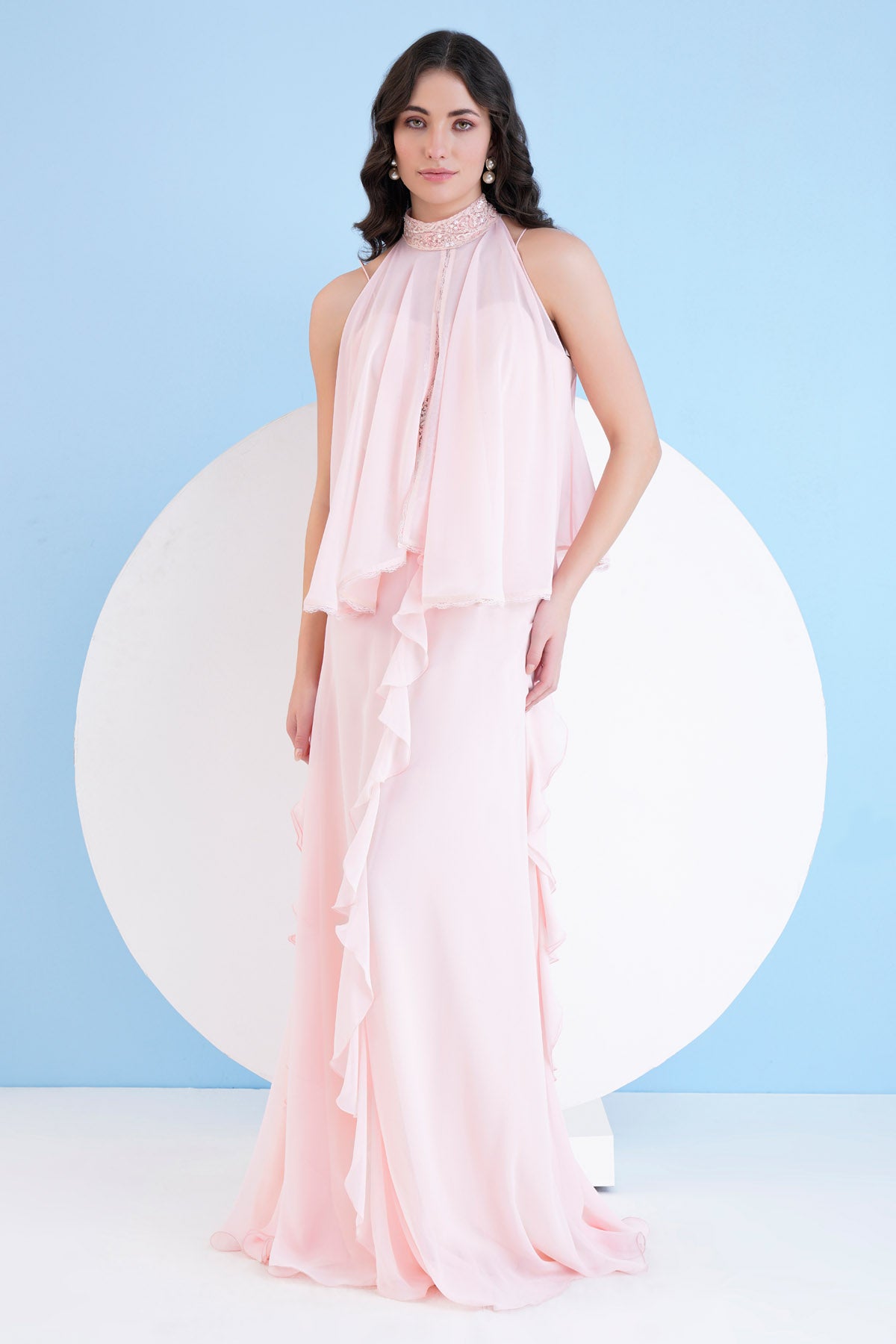 Buy Mandira Wirk Blushing Elegance: Light Pink Long Dress with Capelet For Women at ScrollnShops