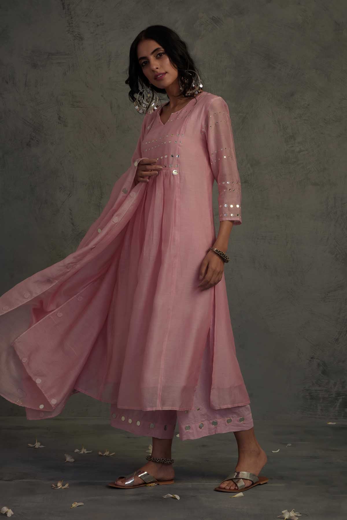 Light Pink Mirror Work Kurta Set