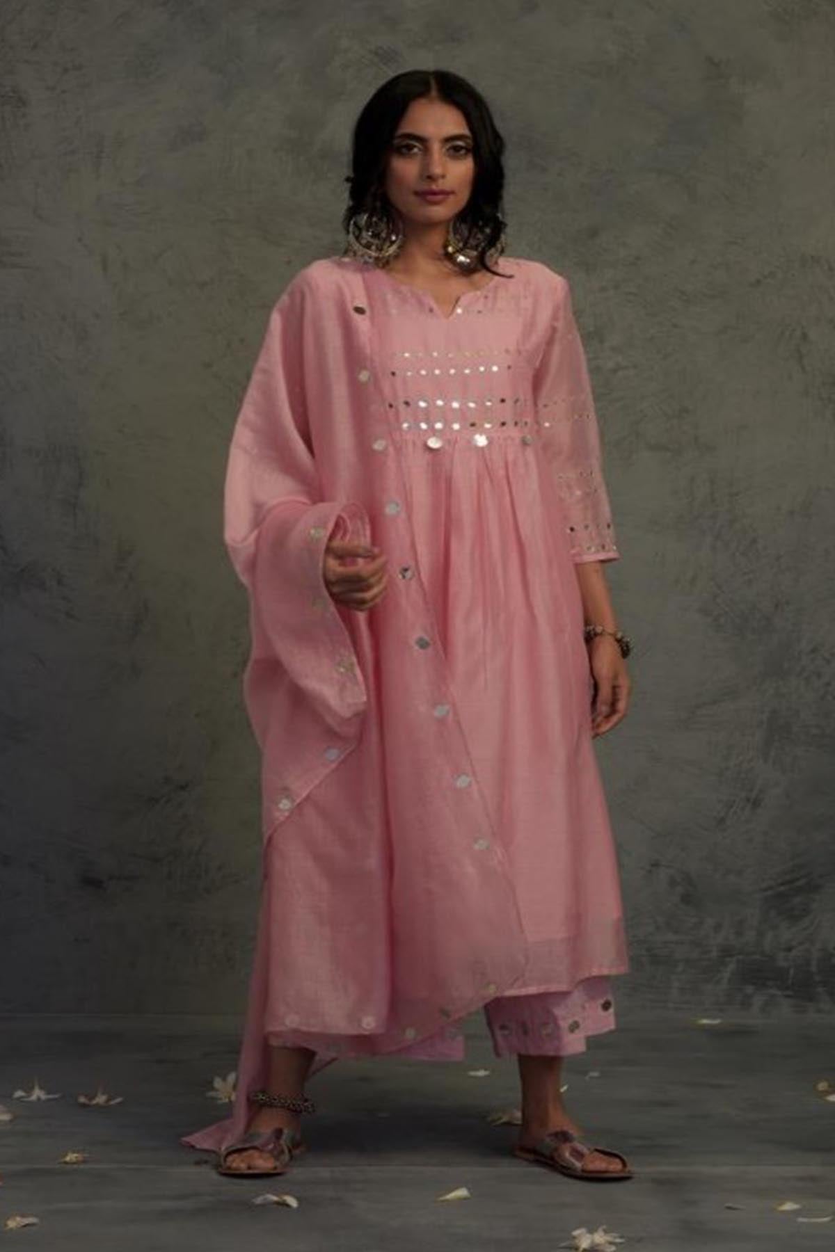 Buy Light Pink Mirror Work Kurta Set Online