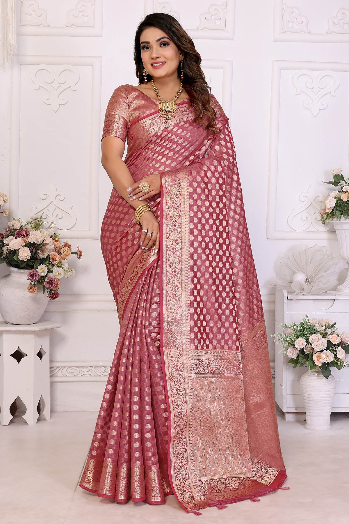 Buy Light Pink Organza Silk Saree for women by Aastha Fashion online available at scrollnshops