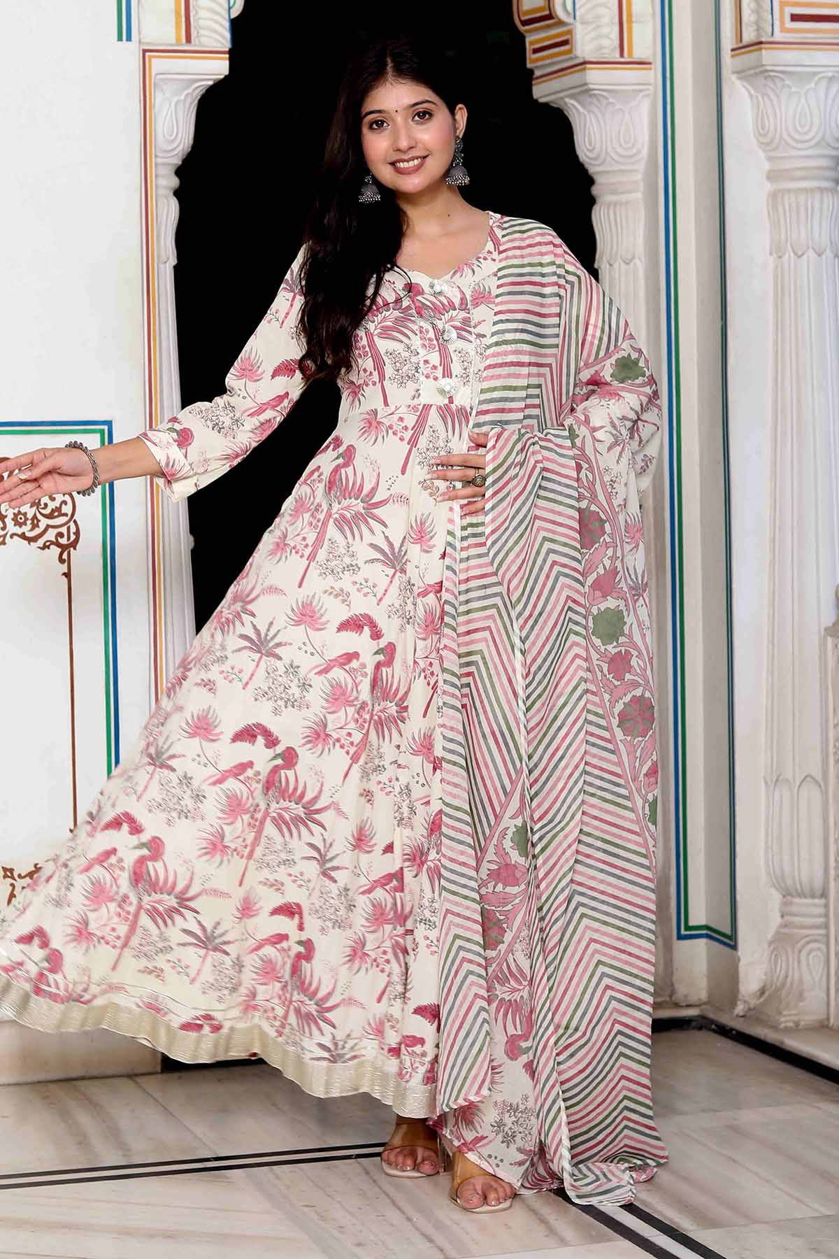 Buy Light Pink Print Kurta & Dupatta by Miravan for women online at ScrollnShops