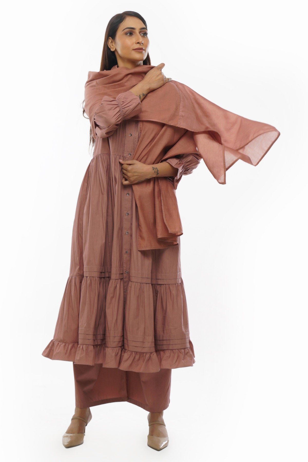 Khat Clothing Light Pink Tiered Kurta Set for women online at ScrollnShops