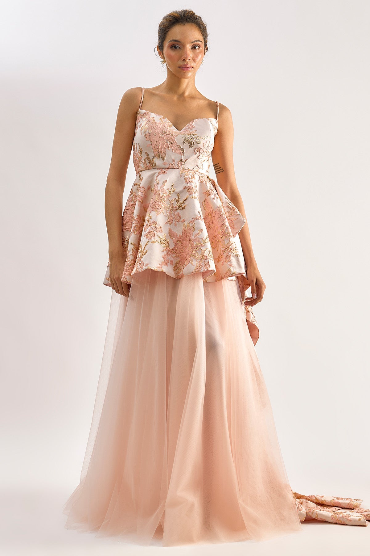 Buy Light Pink Tulle Textured Gown for women by Emblaze online available at scrollnshops