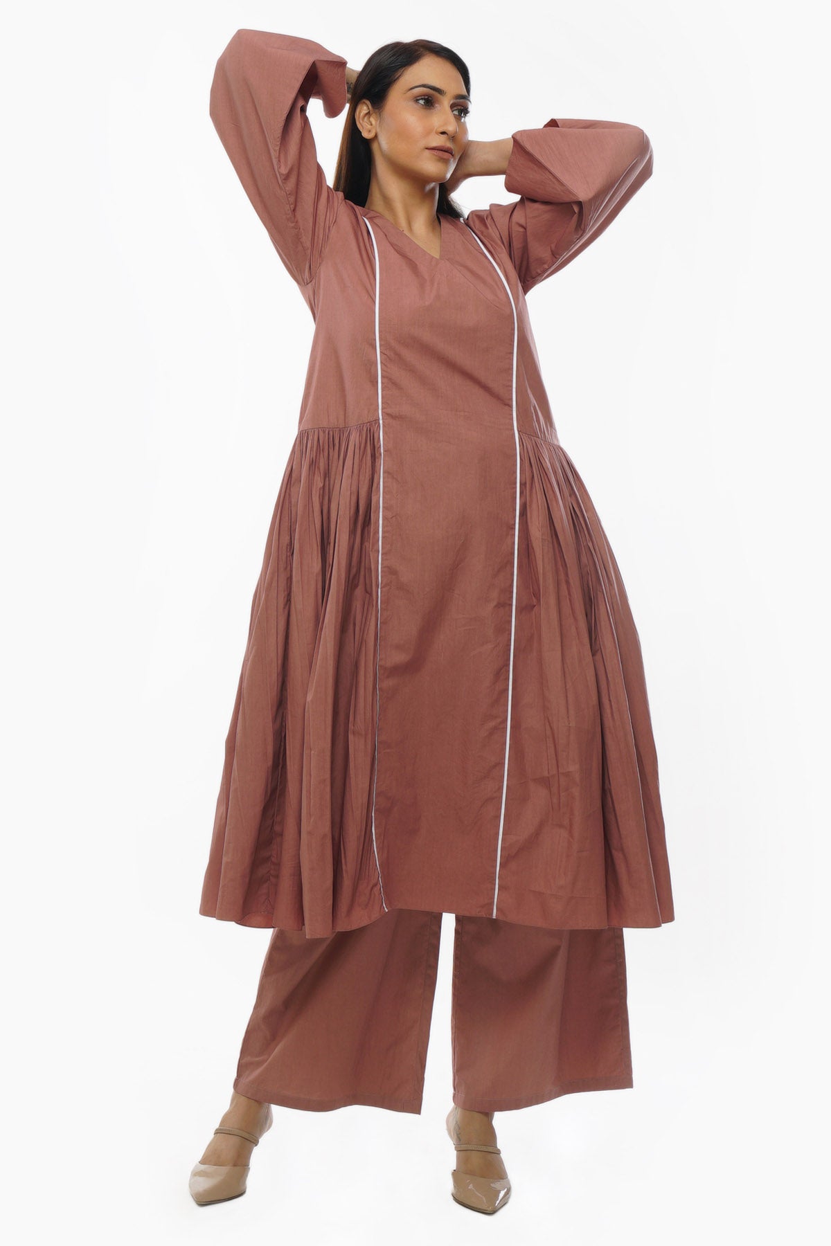 Light Pink V-Neck Long Kurta Set